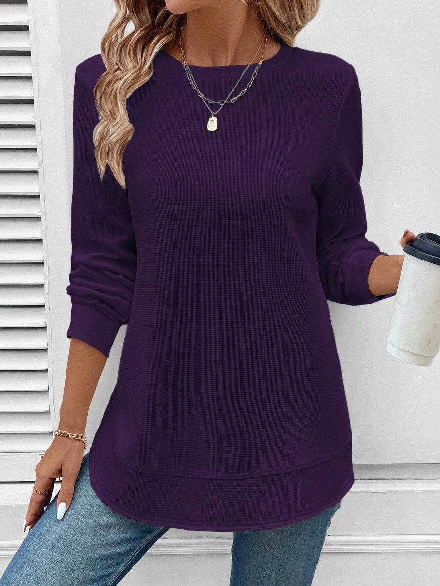 Womens Solid-color Casual Crew-neck Top for Everyday Style