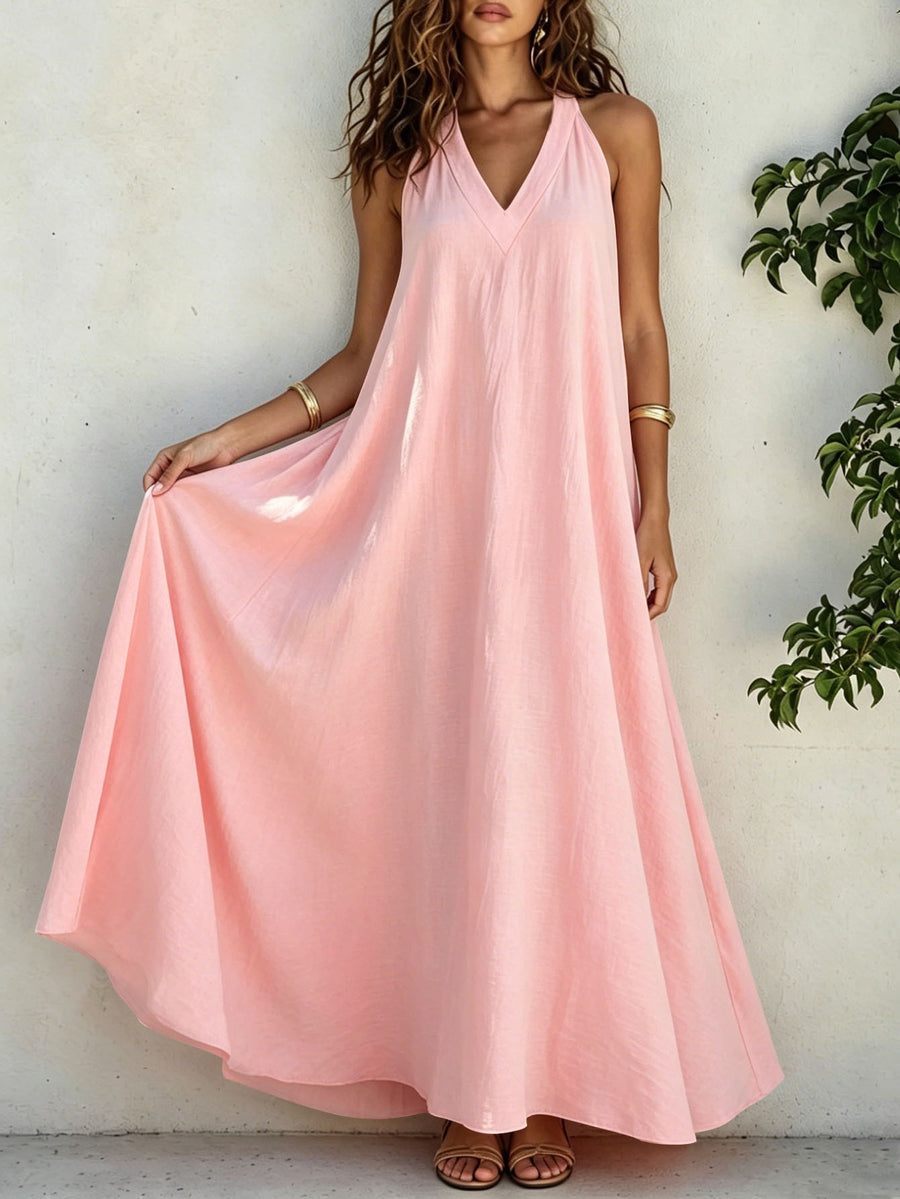 Casual V-neck Sleeveless Maxi Beach Dress with Pockets