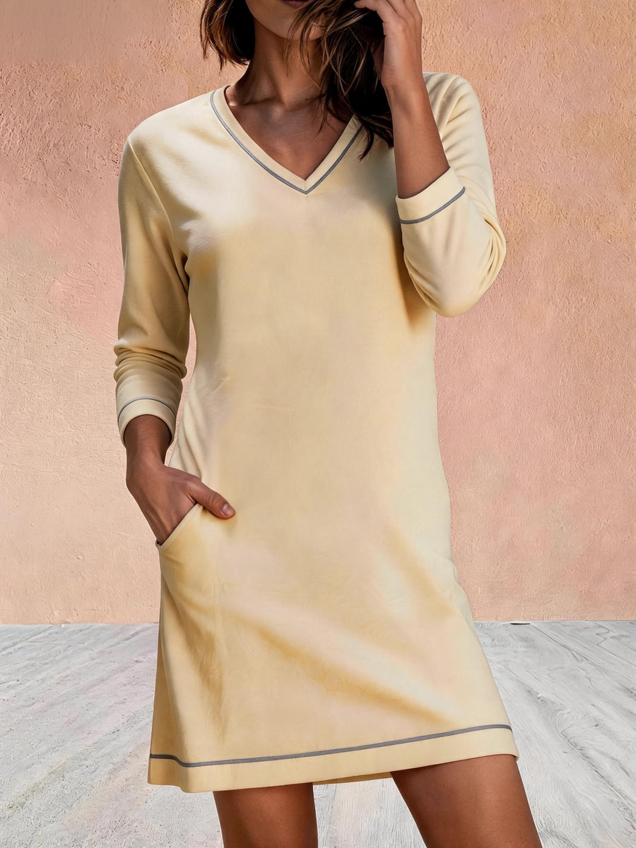 V-neck Sewn 78-sleeve Mini Dress for Effortless Style