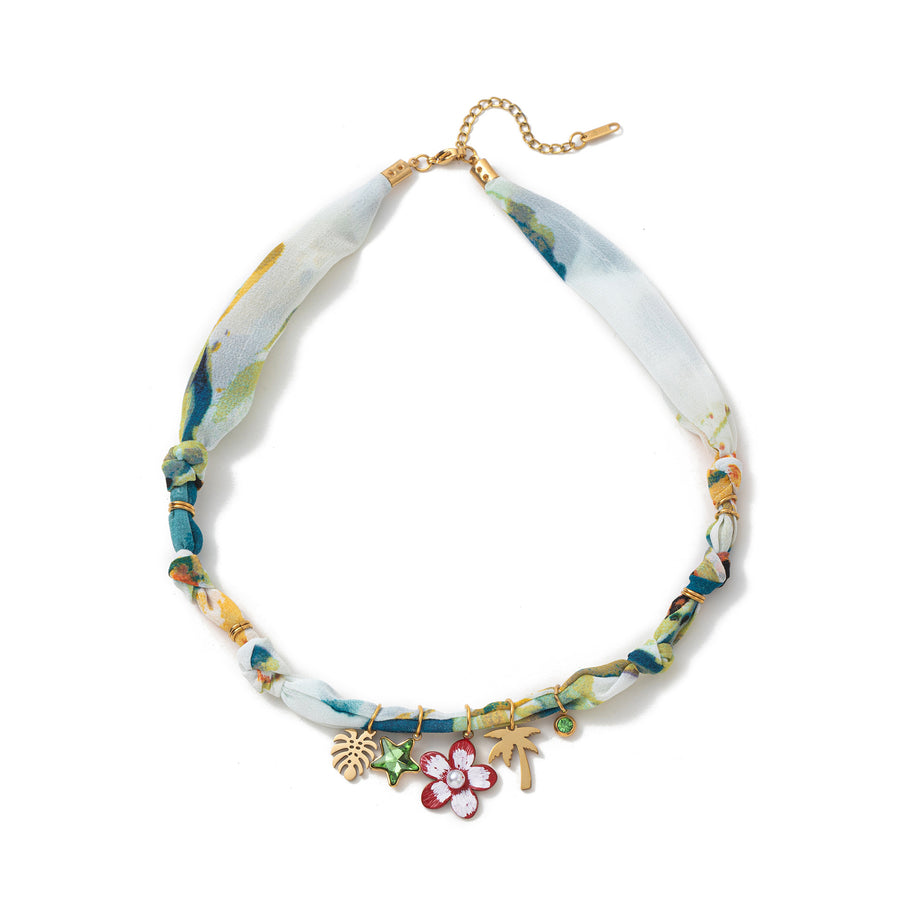 Colorful Flower and Shell Pendant Silk Scarf Necklace