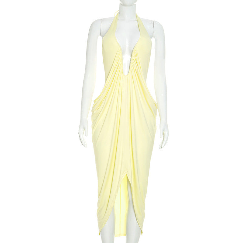 Womens SummerAutumn Solid-Color Deep-V Backless Dress