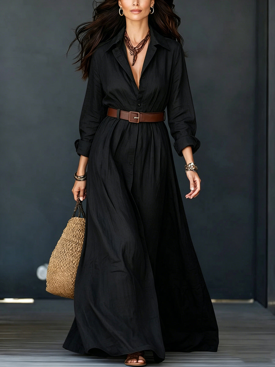 Long-sleeve Waist-cinched Floor-length Vacation Dress with Belt