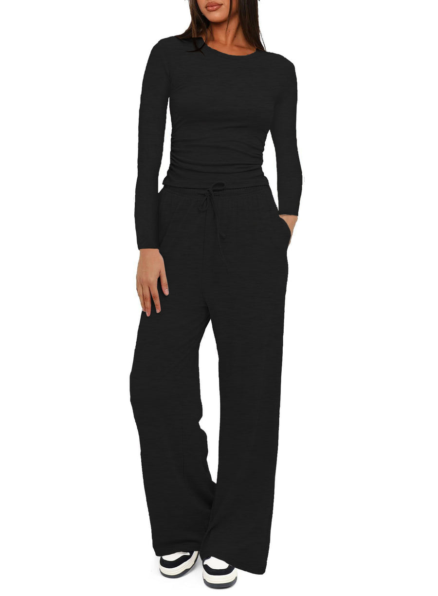 Solid-color Casual Long-sleeve Top & Wide Leg Pants Set