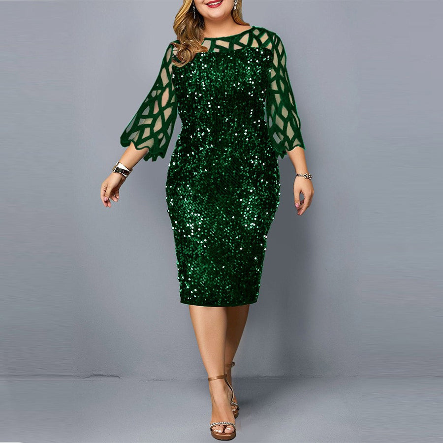 Round-neck Spliced Sparkly Figure-hugging Party Dress
