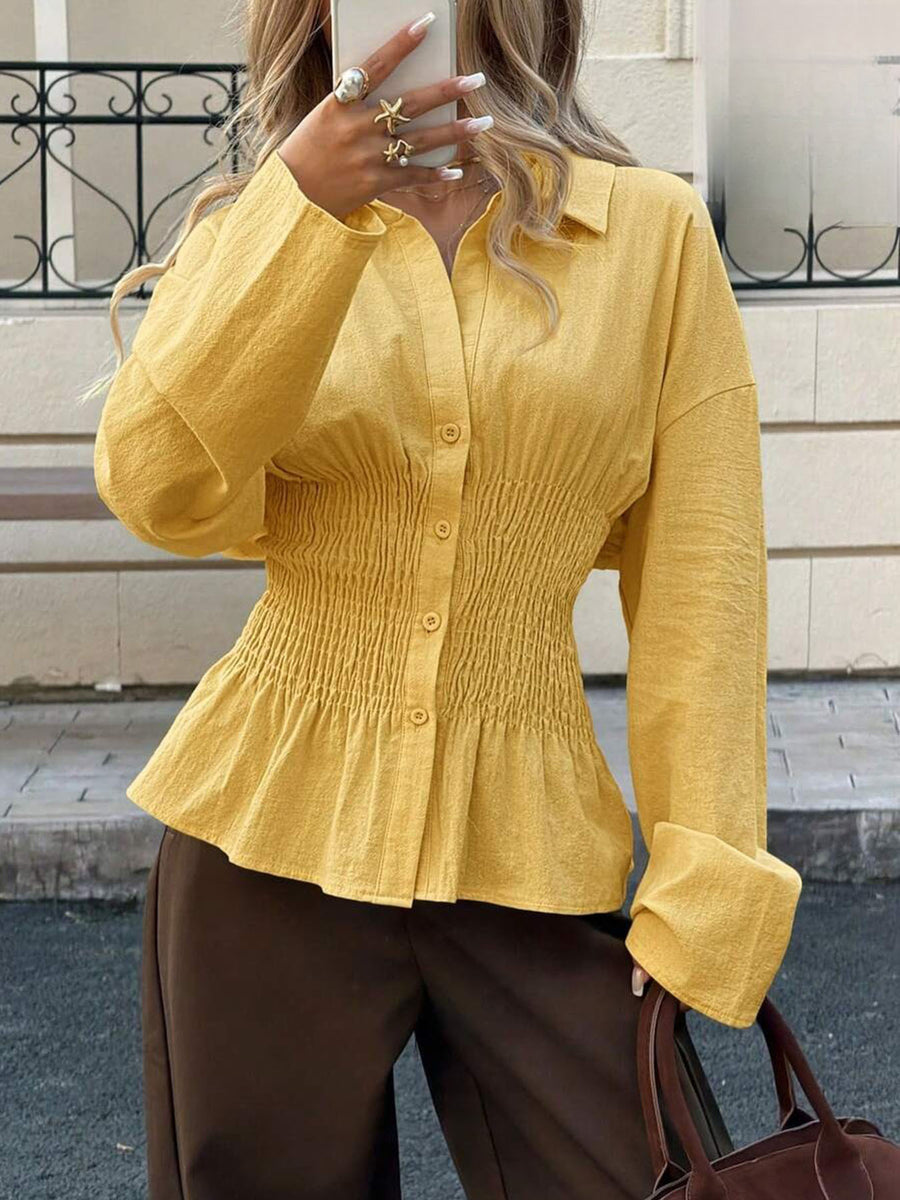 Elegant Solid-color Pleated Waist-cinching Blouse Top