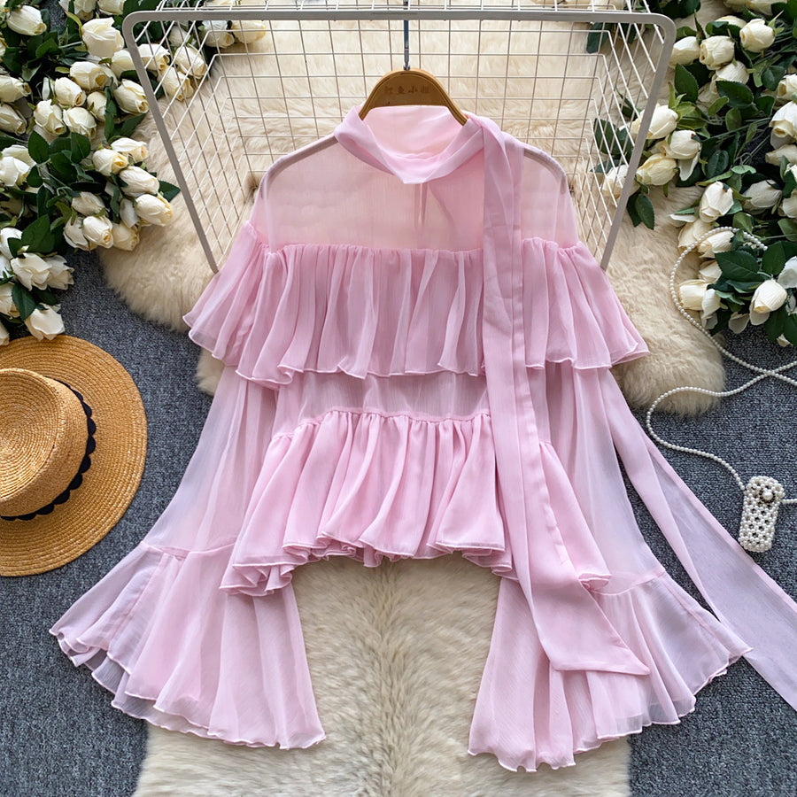 French-style Soft-chic Ruffled Chiffon Blouse for Elegance