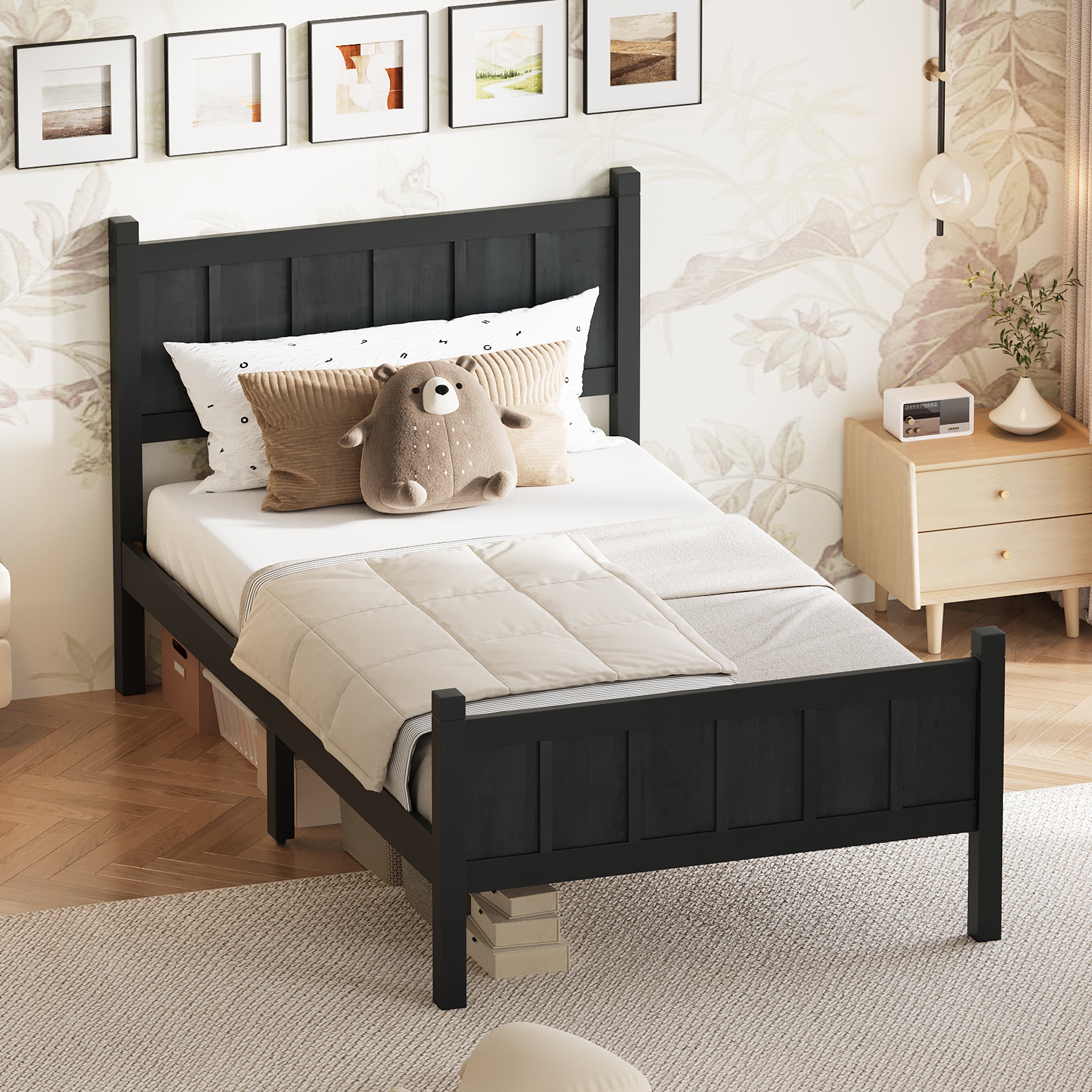 Twin Size Flat Panel Bed with Headboard & Footboard – Minimalist Design