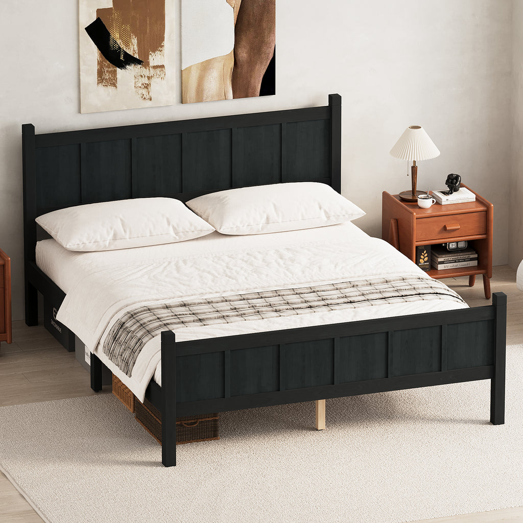 Queen Size Flat Panel Bed with Headboard & Footboard - Black