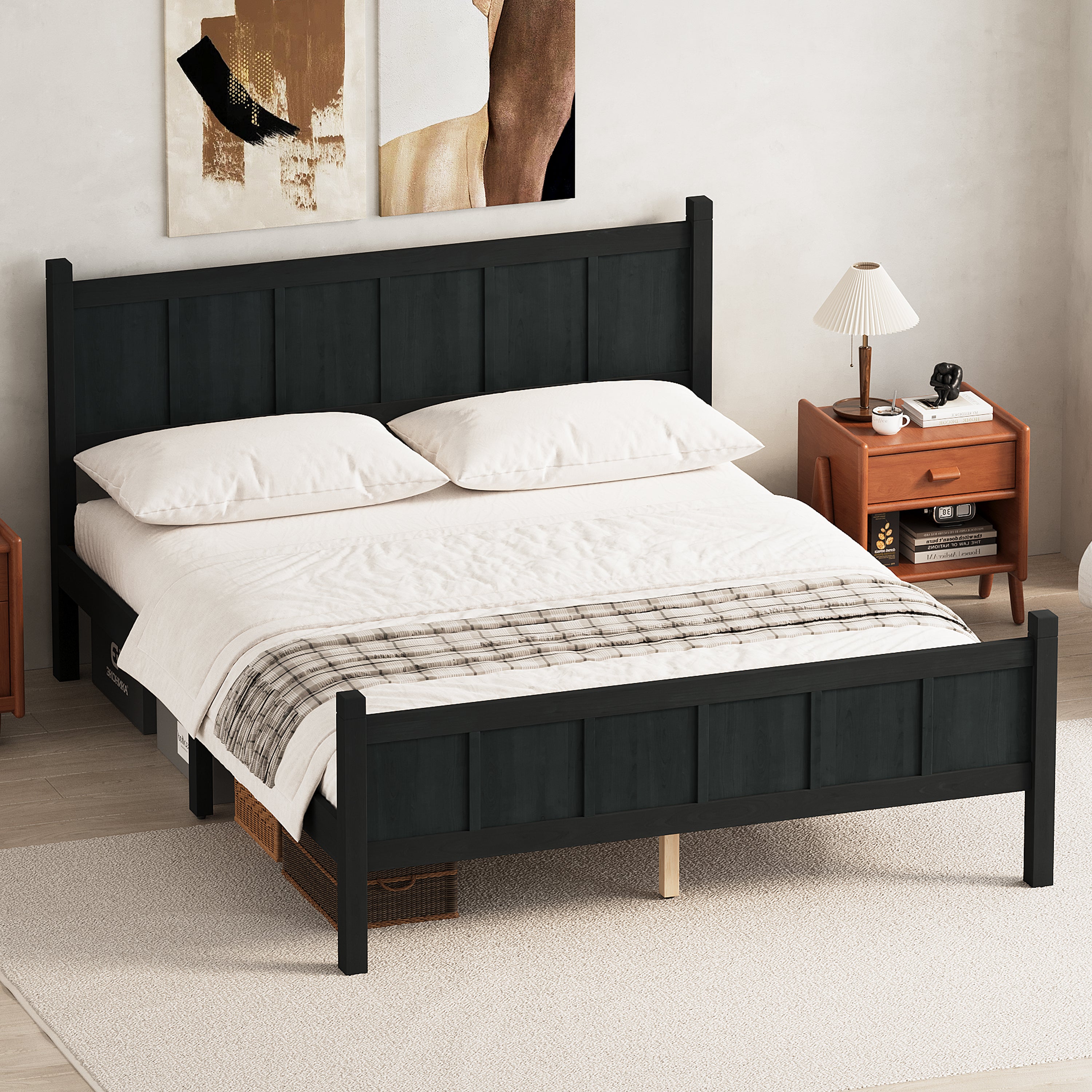 Queen Size Flat Panel Bed with Headboard & Footboard - Black