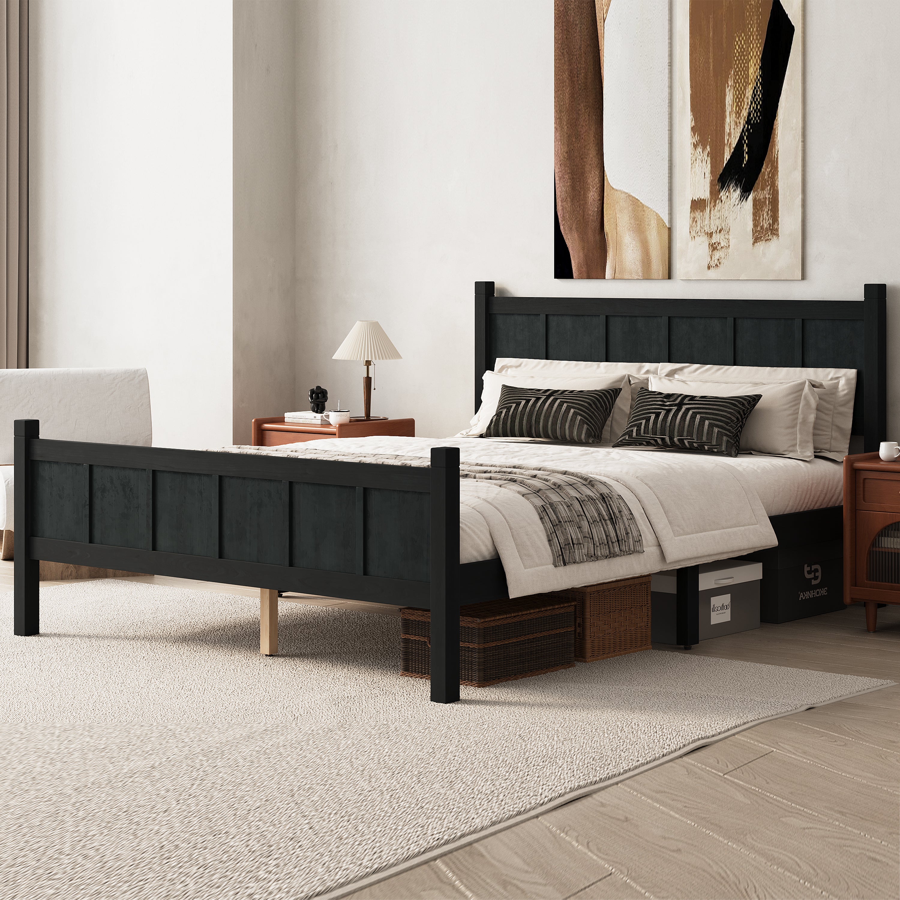 Queen Size Flat Panel Bed with Headboard & Footboard - Black