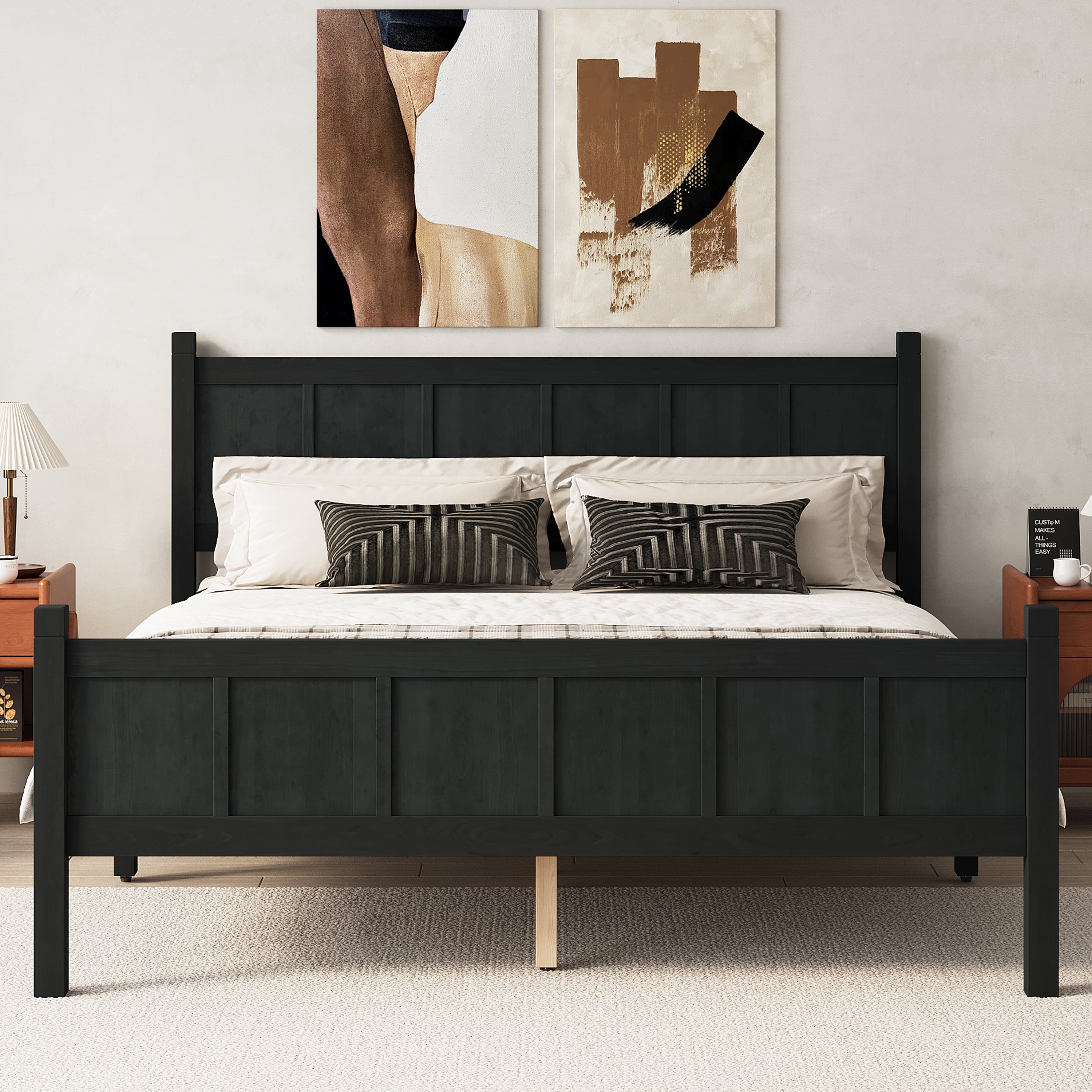 Queen Size Flat Panel Bed with Headboard & Footboard - Black