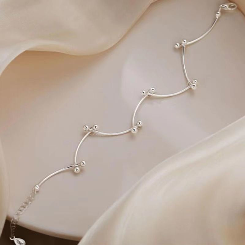 Stylish 999 Sterling Silver Wavy Tube Bead Anklet for Women