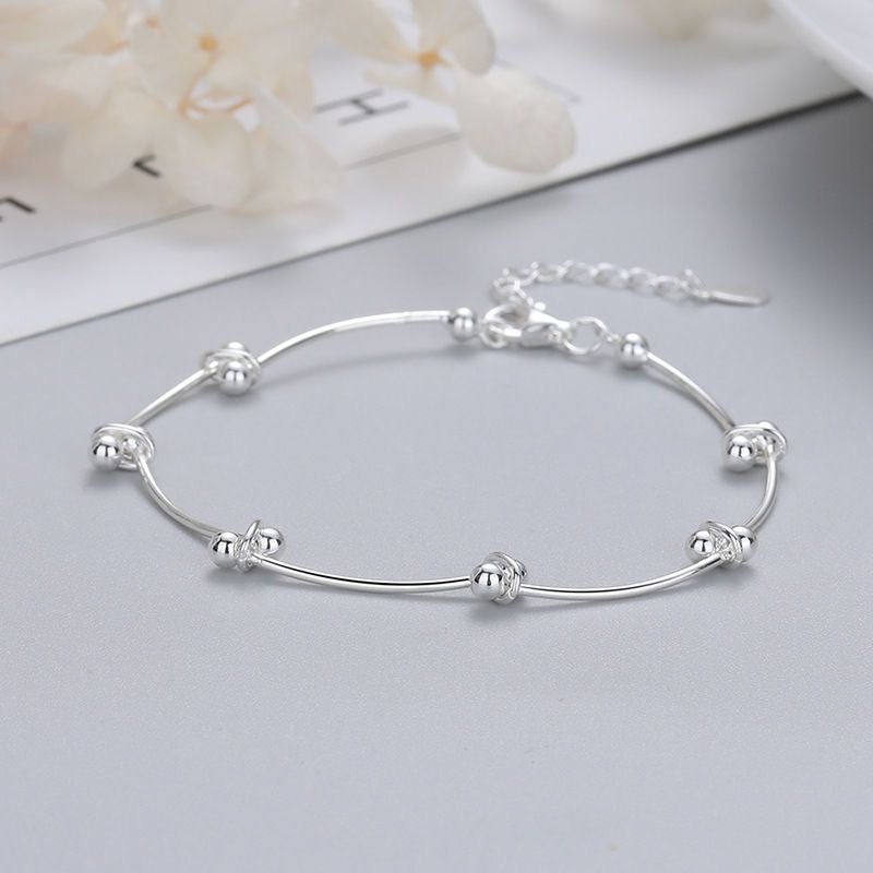 Sterling Silver Wavy Tube Bead Anklet - Minimalist Style