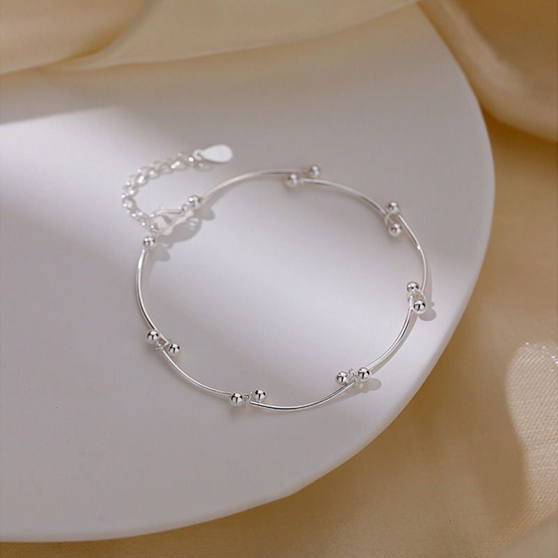 Sterling Silver Wavy Tube Bead Anklet - Minimalist Style