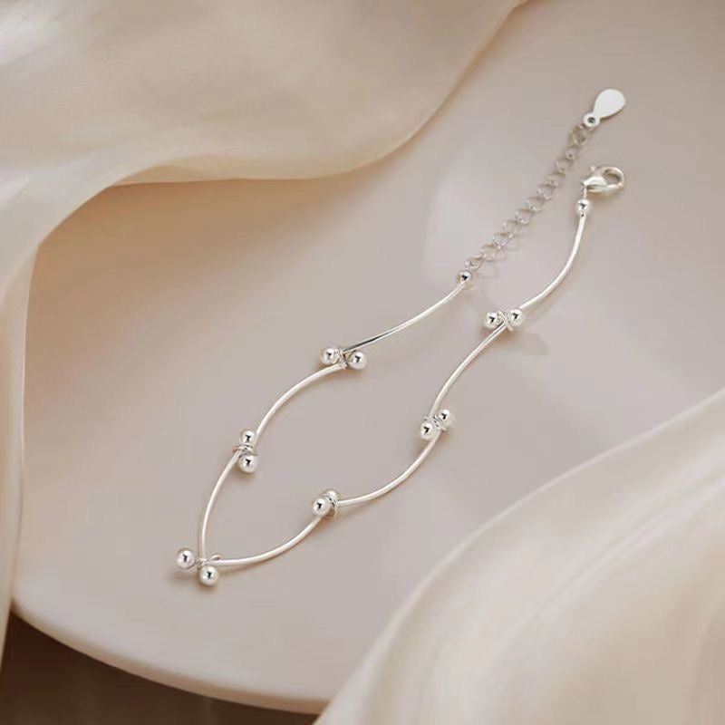 Sterling Silver Wavy Tube Bead Anklet - Minimalist Style