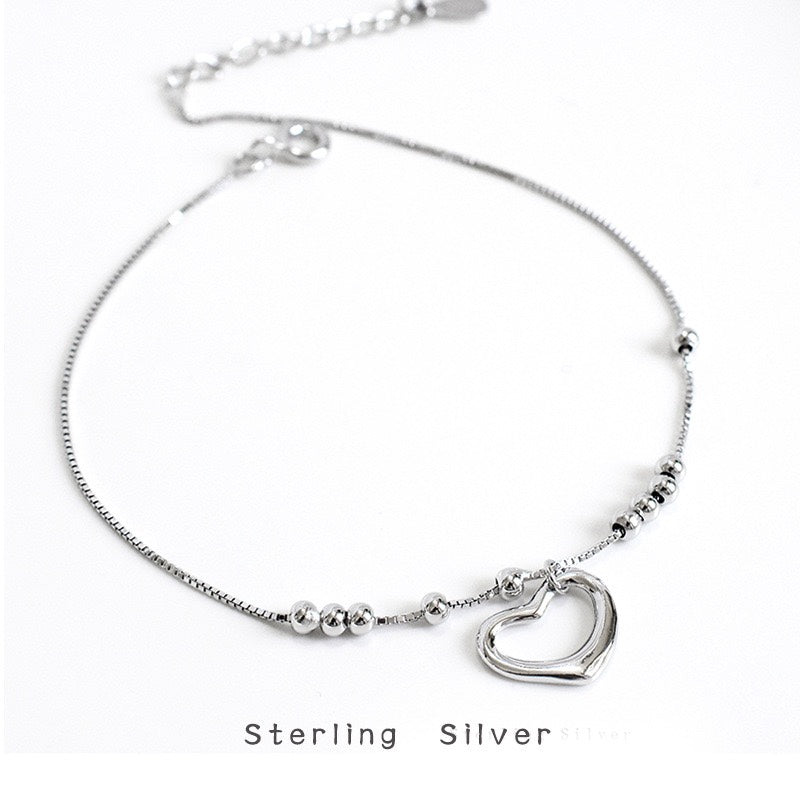 Sterling Silver Box Chain Anklet with Hollow Heart Design