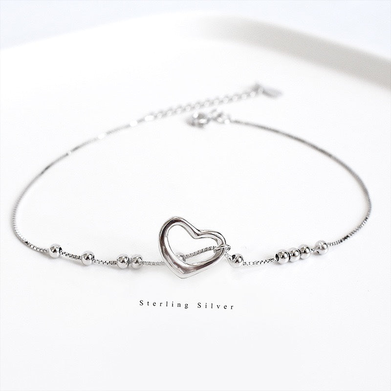 Sterling Silver Box Chain Anklet with Hollow Heart Design