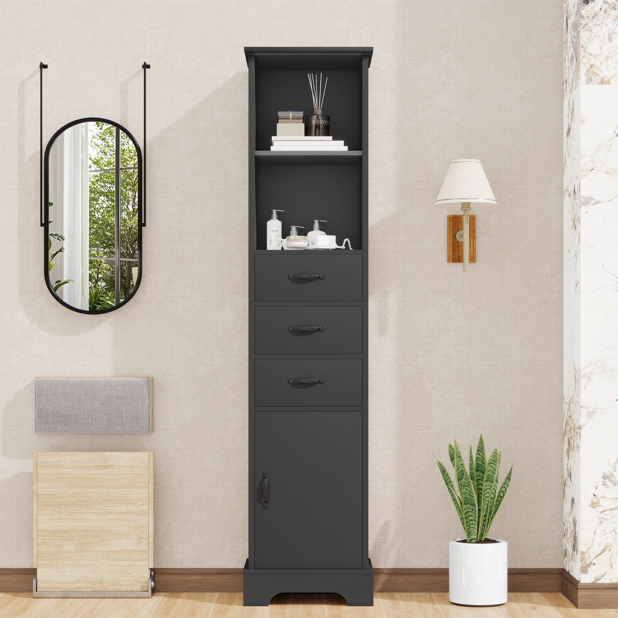 High Bathroom Cabinet - Moisture Resistant, Black Finish