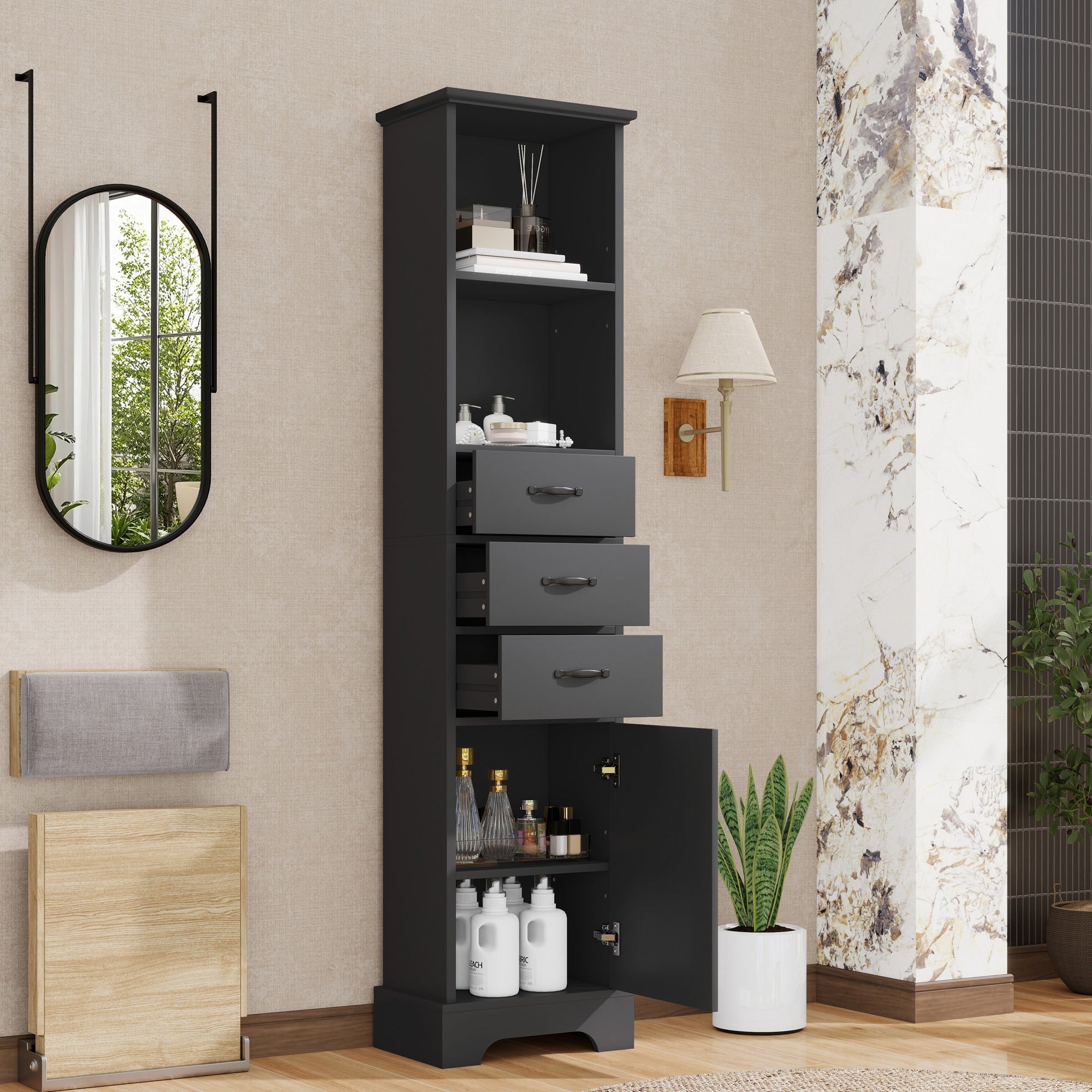 High Bathroom Cabinet - Moisture Resistant, Black Finish