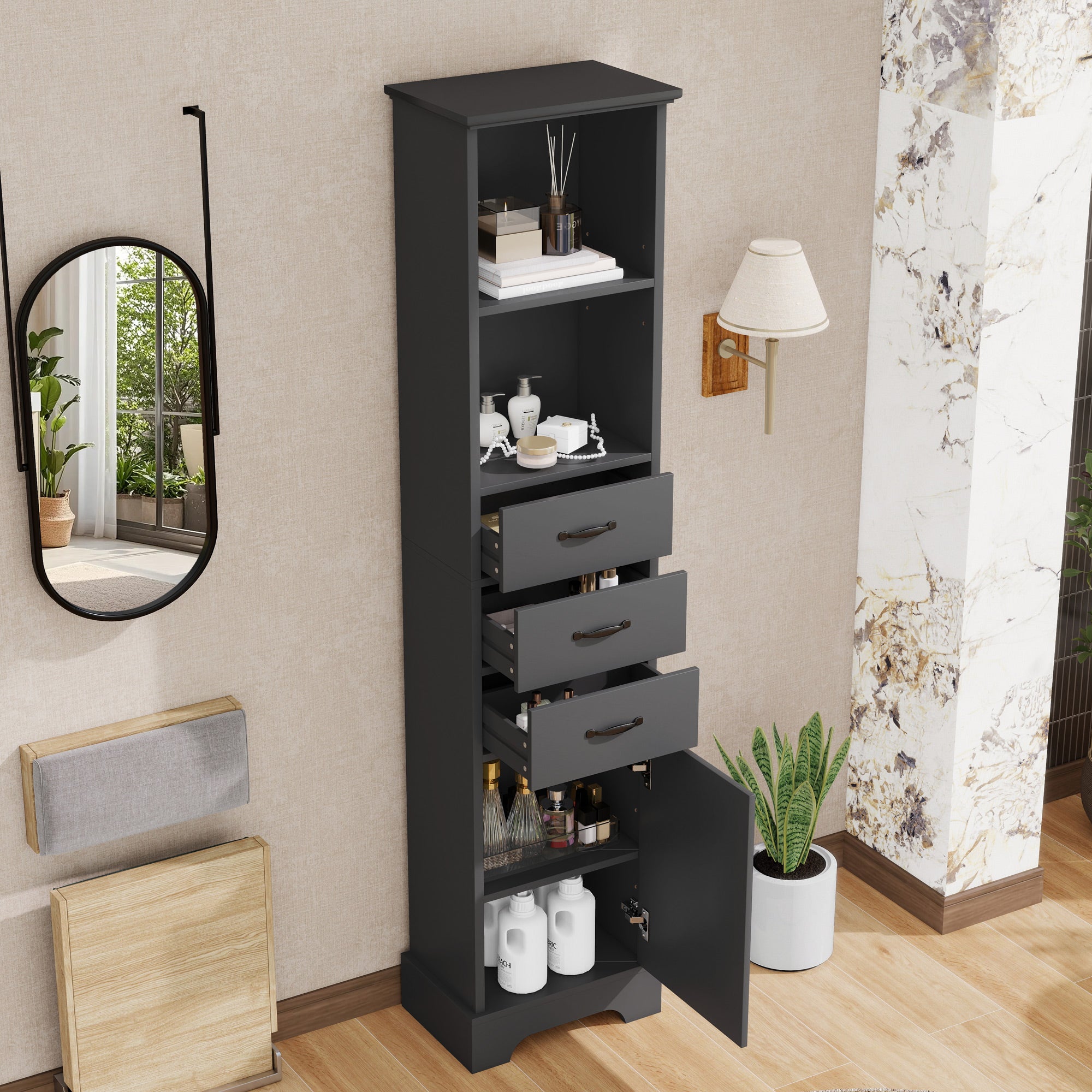 High Bathroom Cabinet - Moisture Resistant, Black Finish