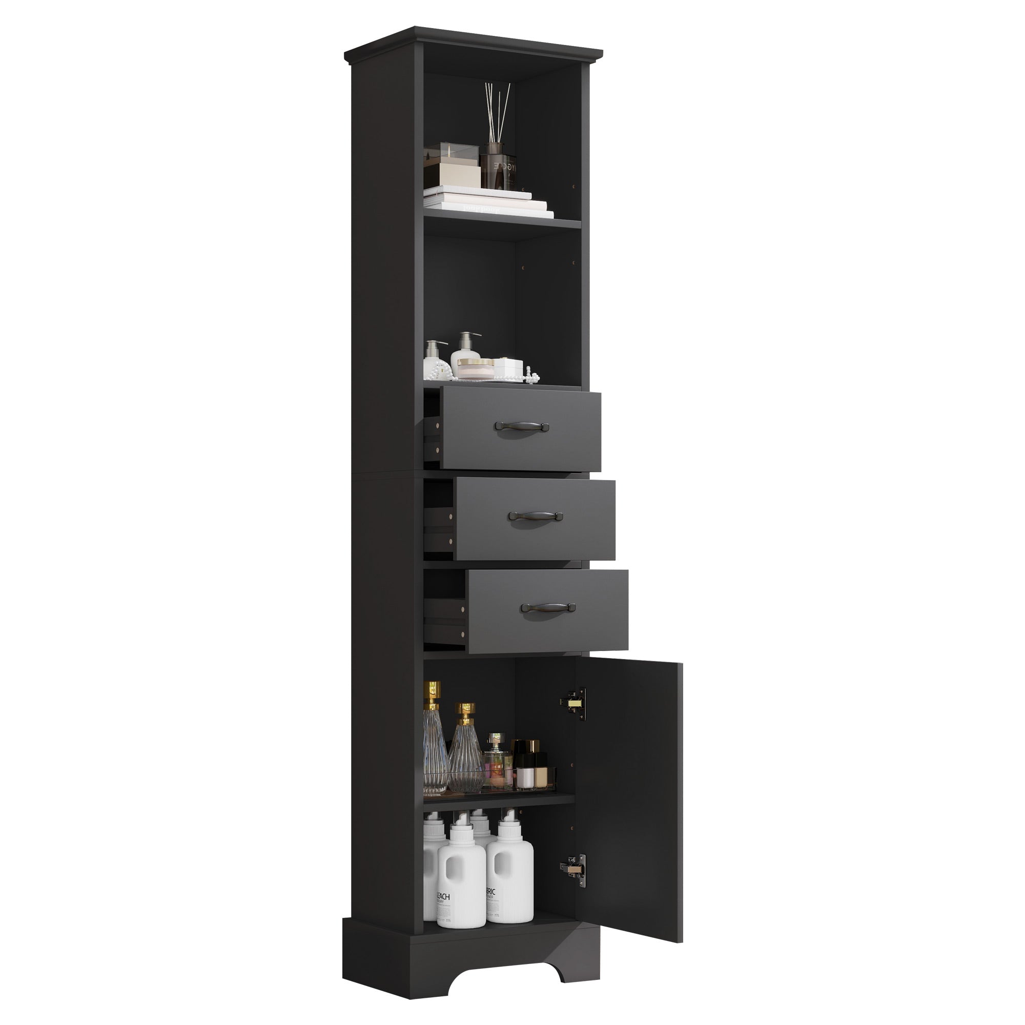 High Bathroom Cabinet - Moisture Resistant, Black Finish