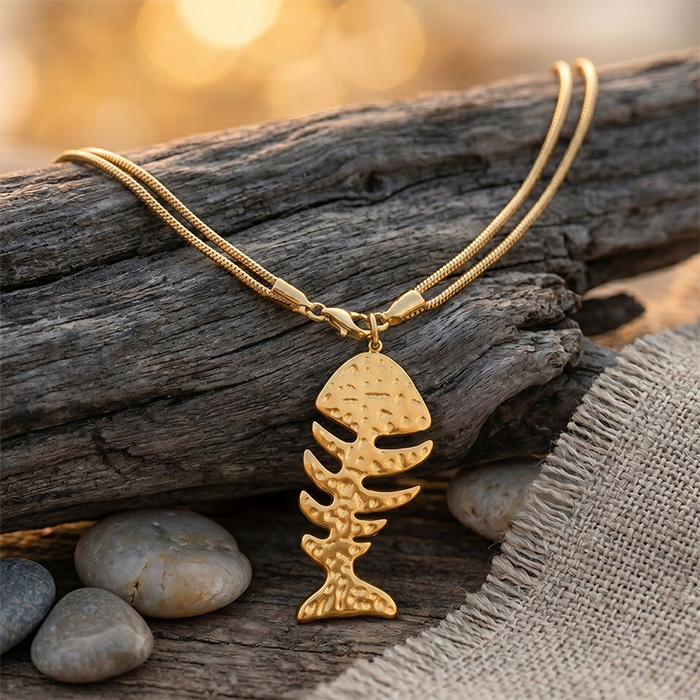Hammered Fishbone Pendant Choker Necklace for Women