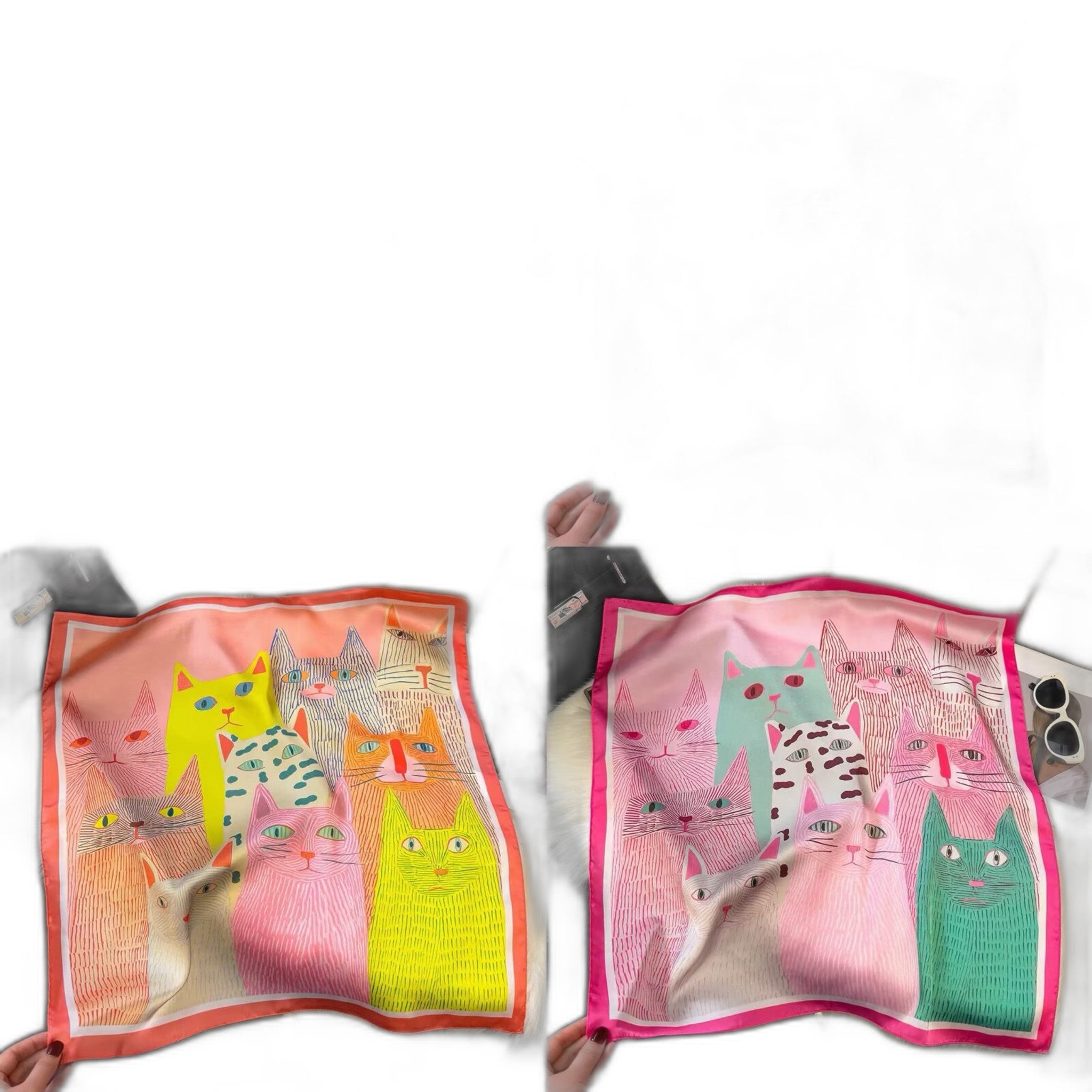 Cartoon-Printed Cat Small Square Scarf - Fashionable & Versatile