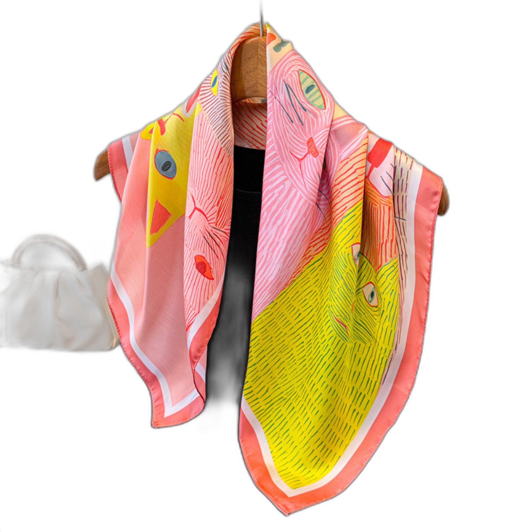 Cartoon-Printed Cat Small Square Scarf - Fashionable & Versatile