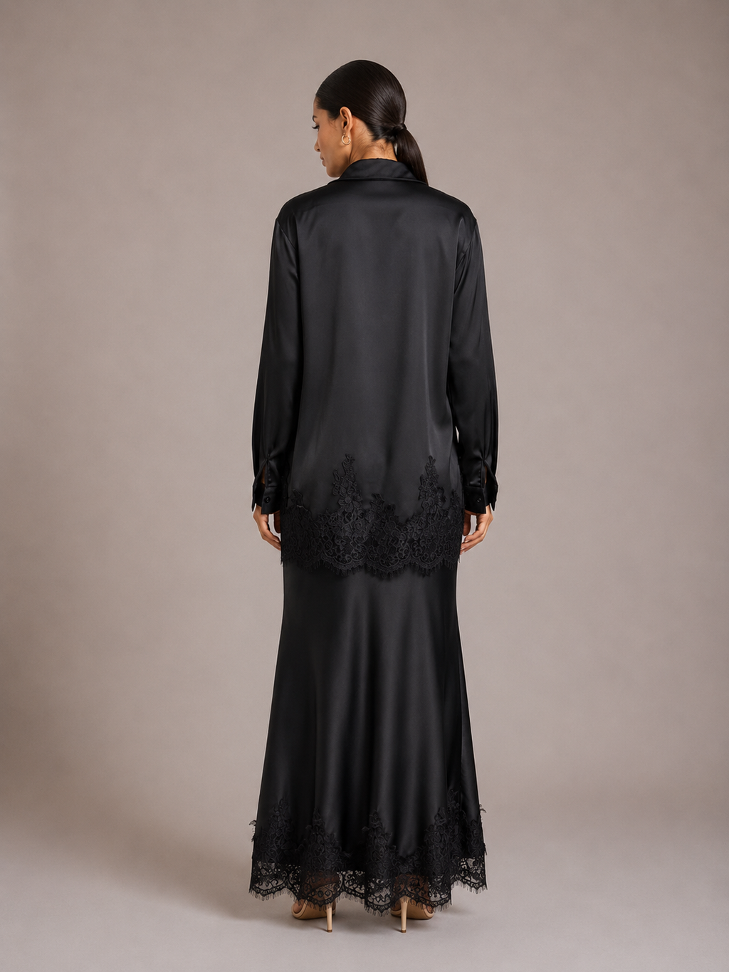 Gloss Satin Collared Lace Hem Shirt & Maxi Skirt Set