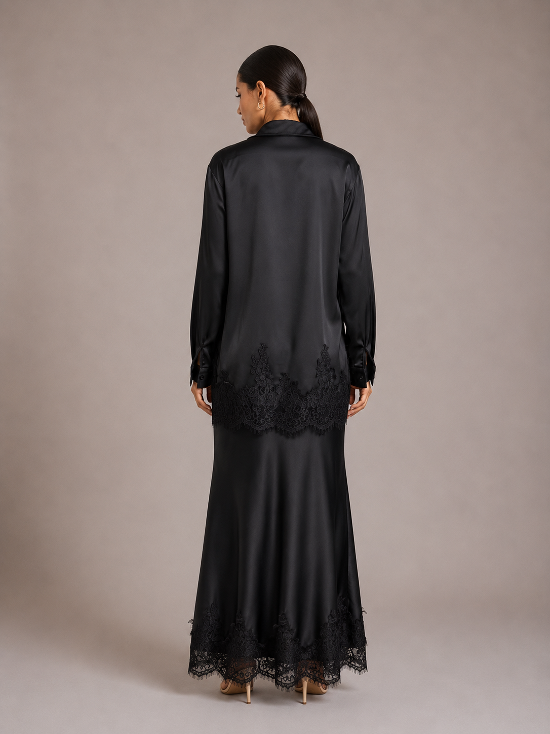 Gloss Satin Collared Lace Hem Shirt & Maxi Skirt Set