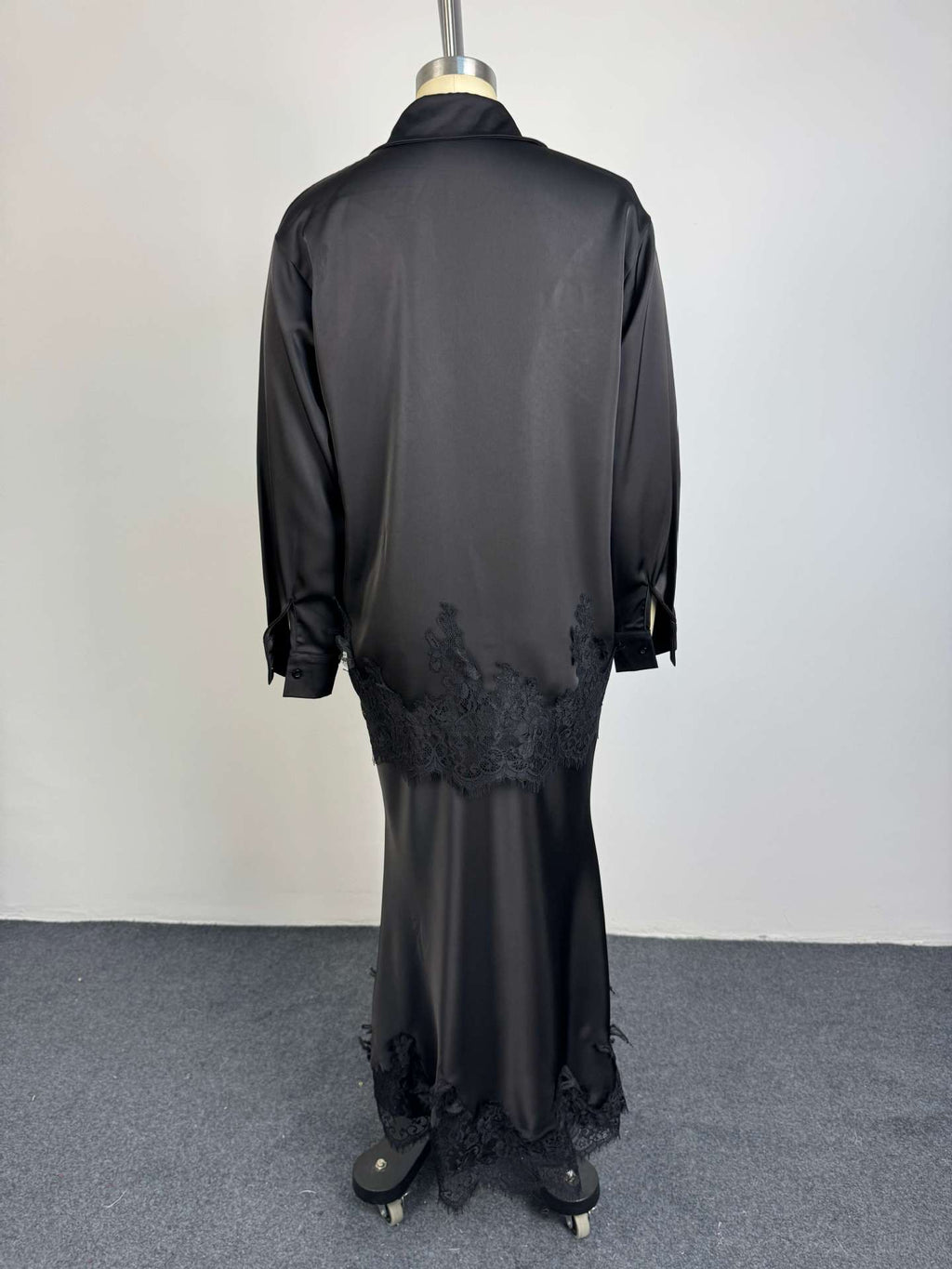Gloss Satin Collared Lace Hem Shirt & Maxi Skirt Set