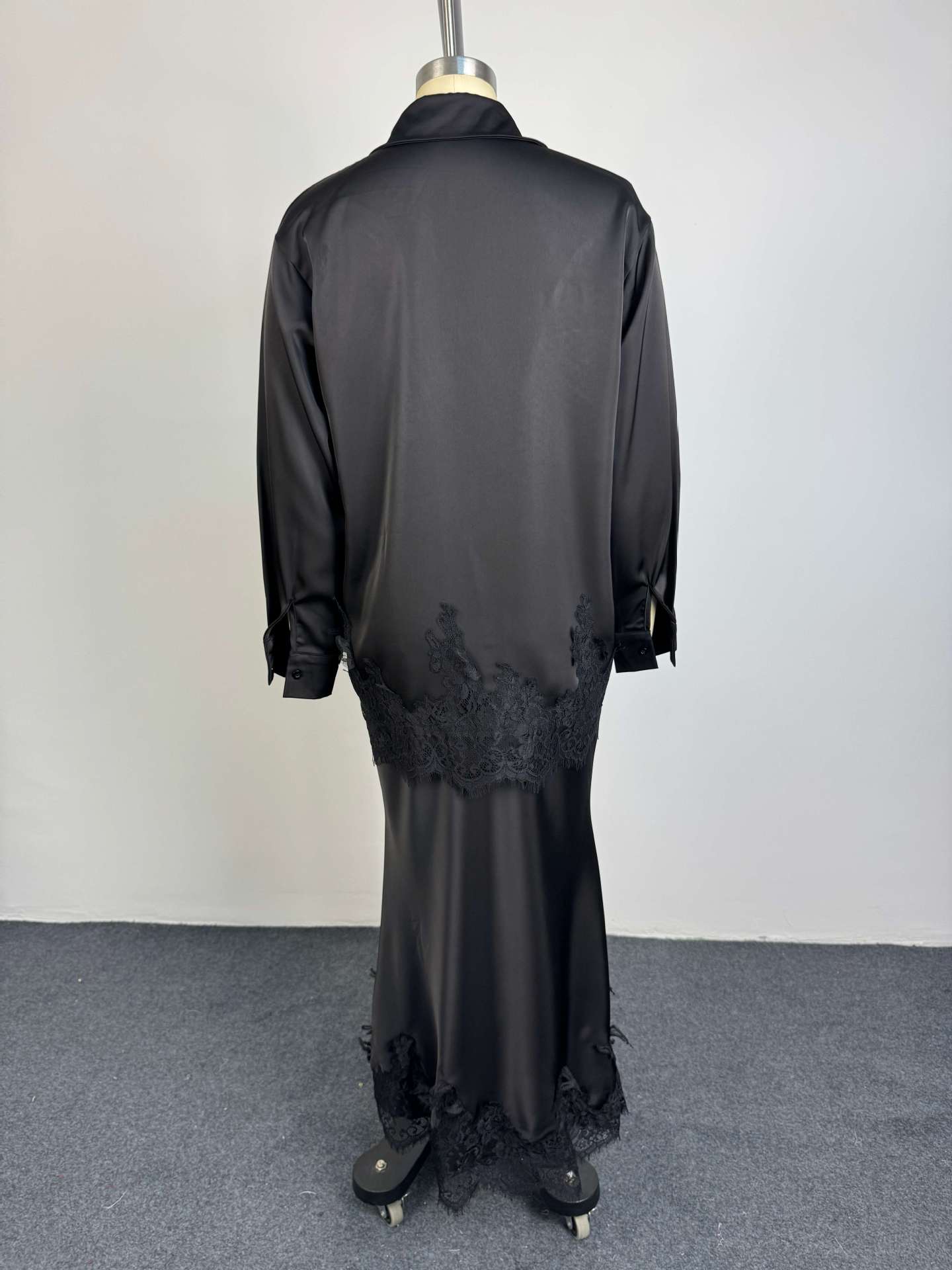 Gloss Satin Collared Lace Hem Shirt & Maxi Skirt Set