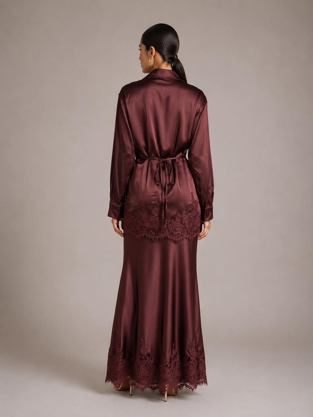Gloss Satin Collared Lace Hem Shirt & Maxi Skirt Set