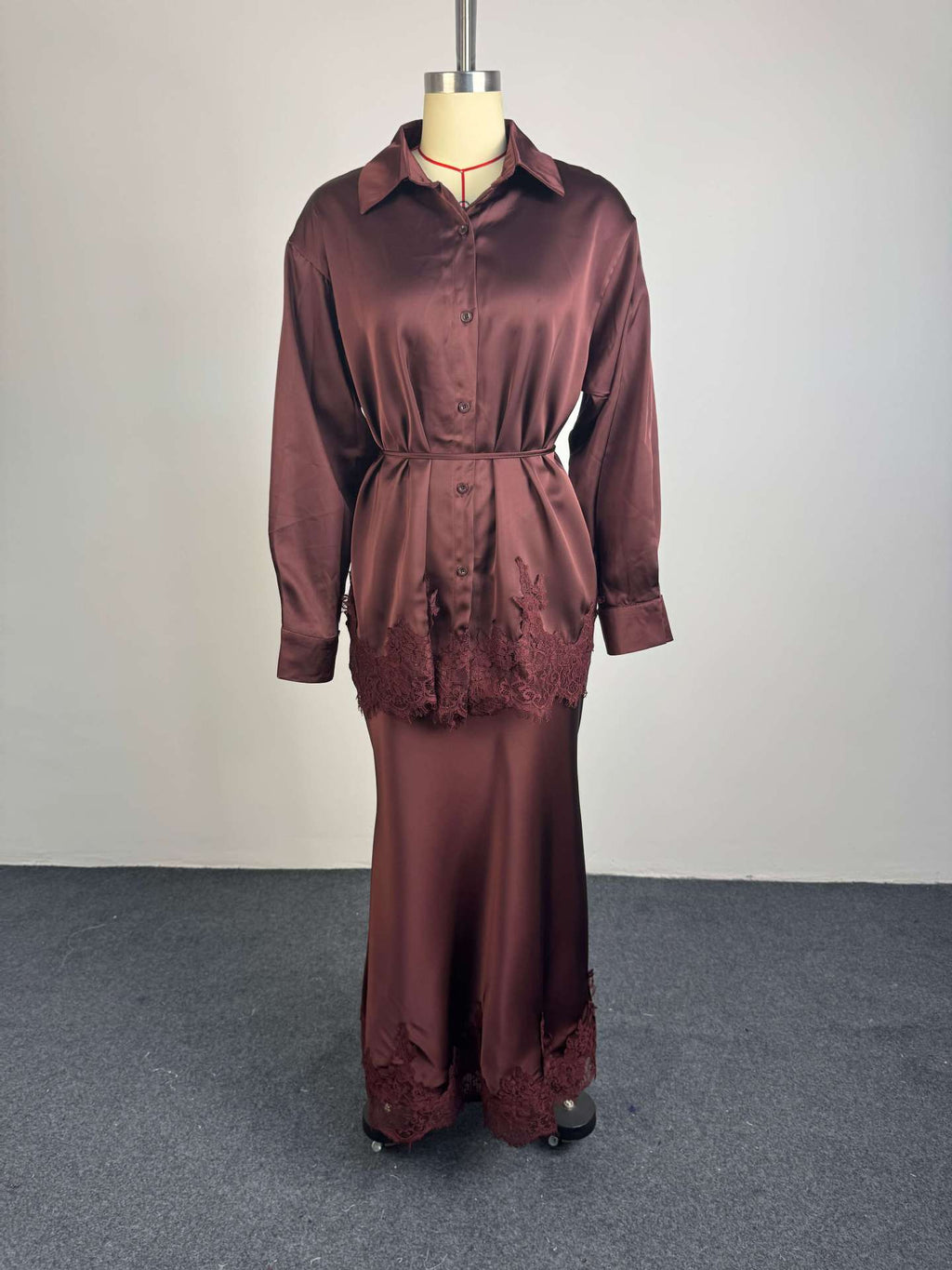 Gloss Satin Collared Lace Hem Shirt & Maxi Skirt Set