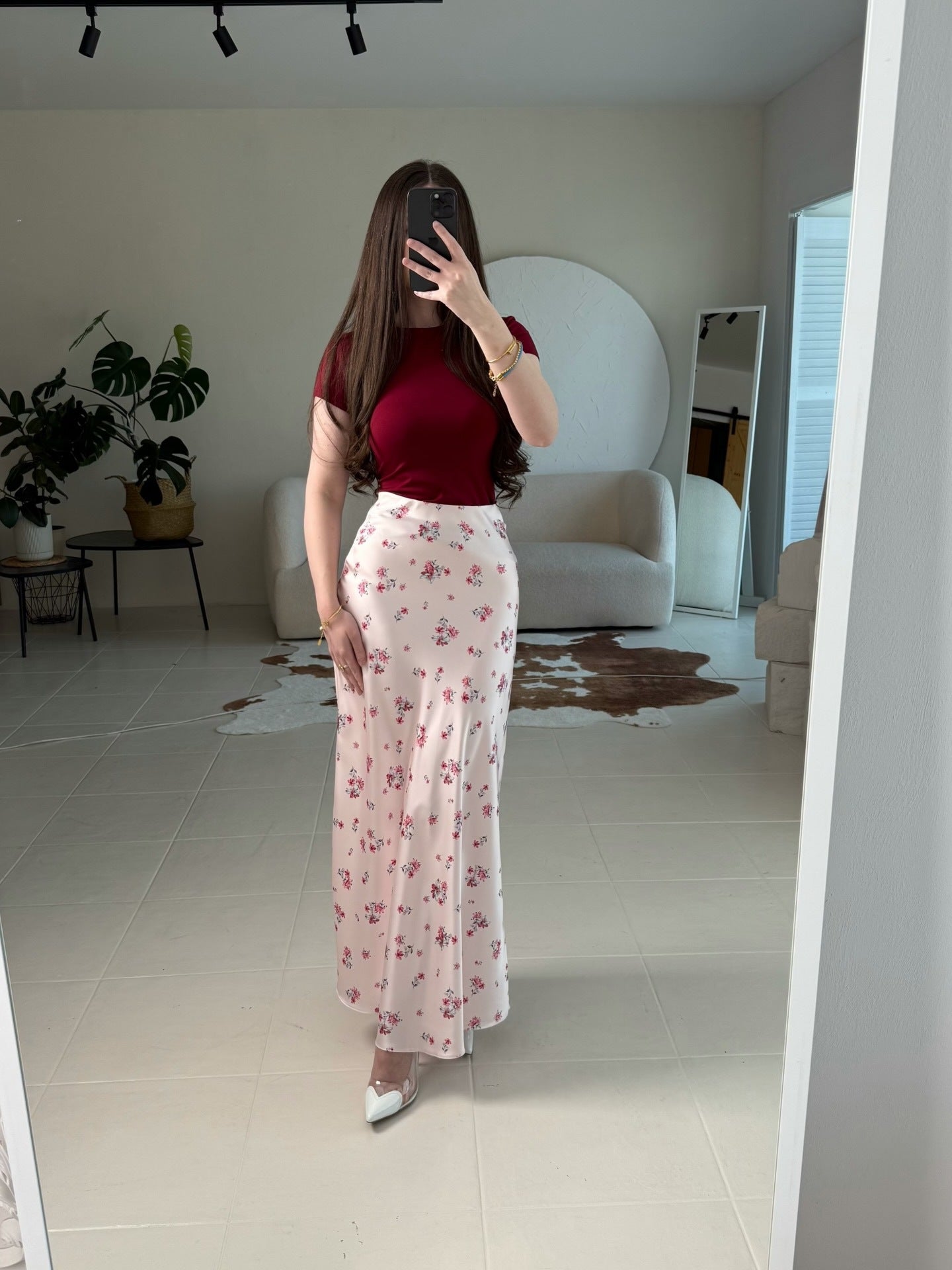 Base Ditsy Floral Print High Waist Satin Mermaid Midi Skirt