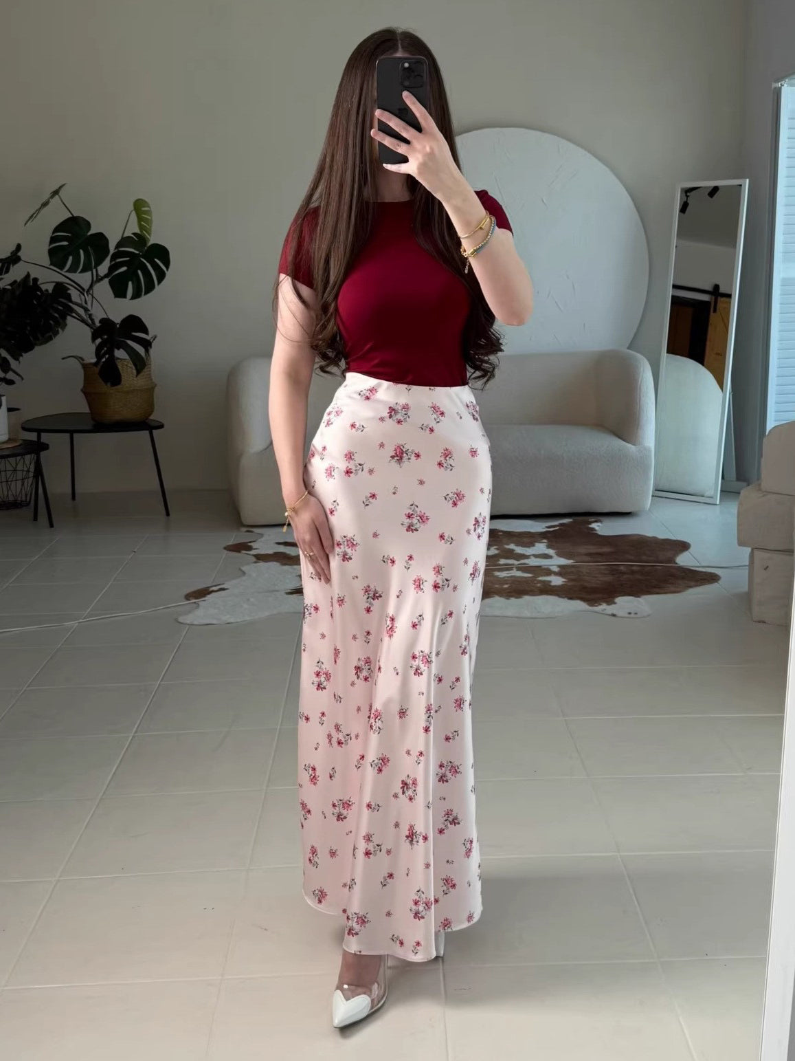 Base Ditsy Floral Print High Waist Satin Mermaid Midi Skirt