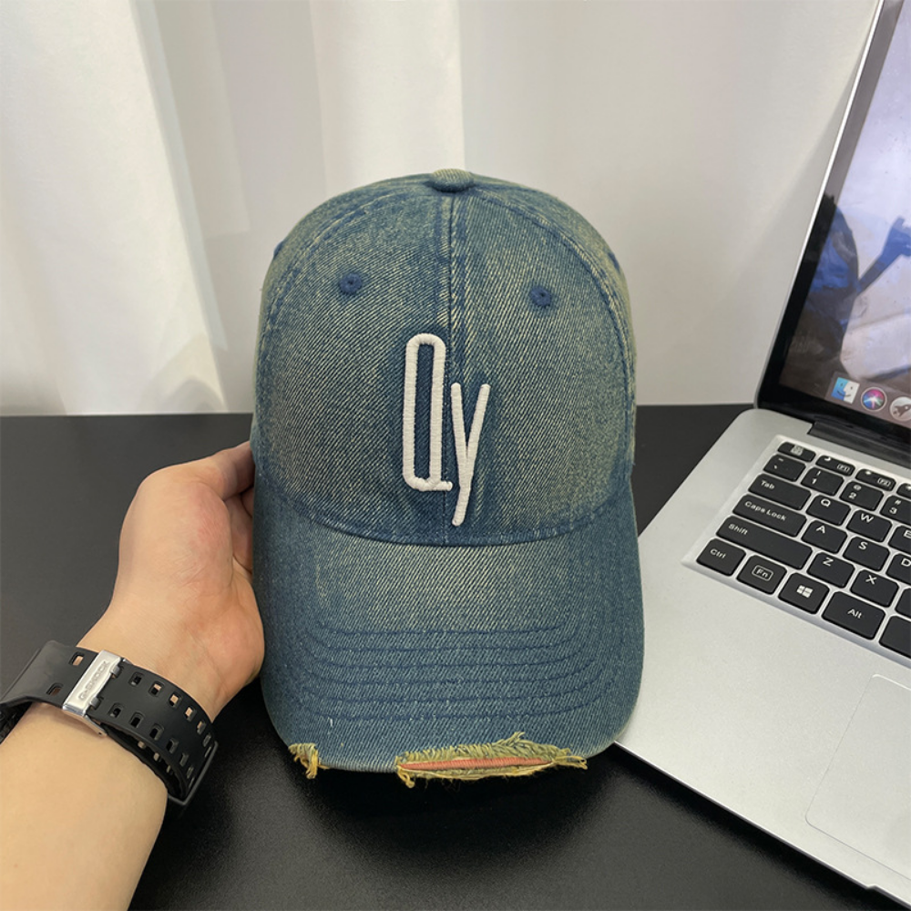 Retro Washed Distressed Denim Baseball Cap with Patch Holes