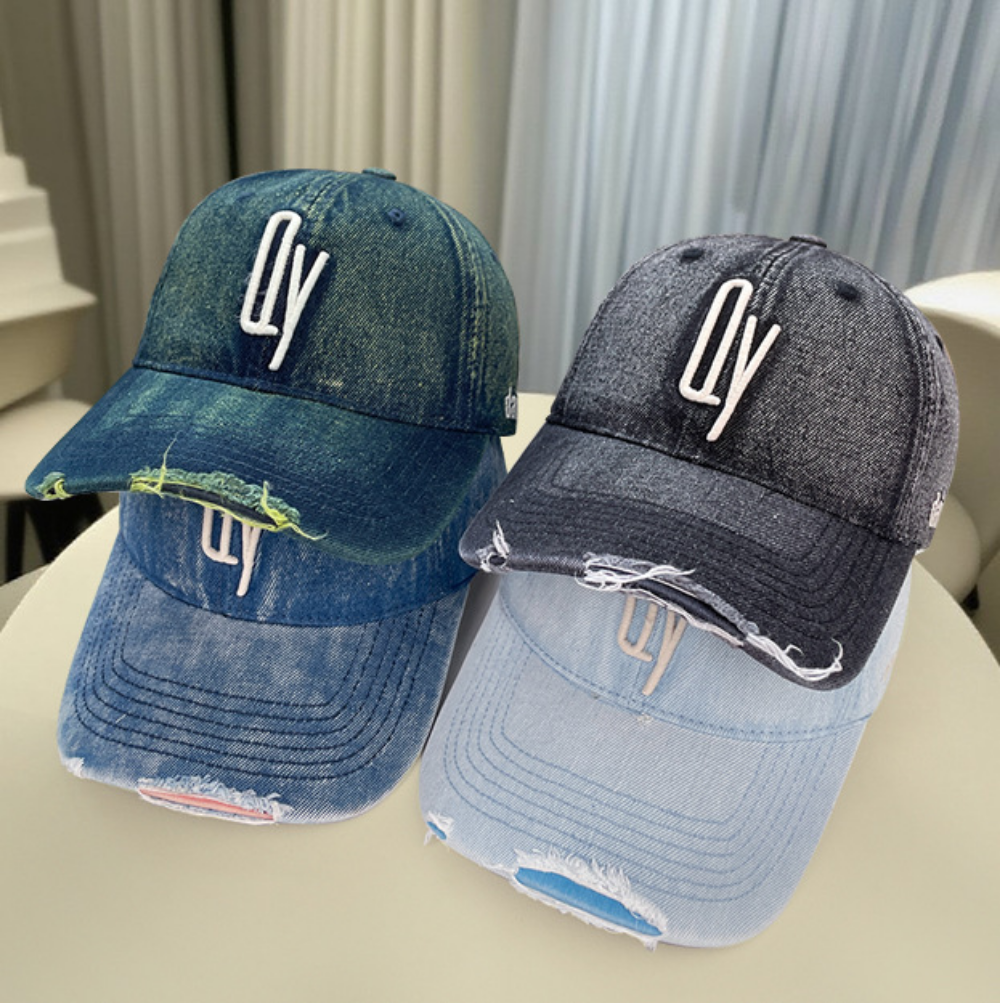 Retro Washed Distressed Denim Baseball Cap with Patch Holes