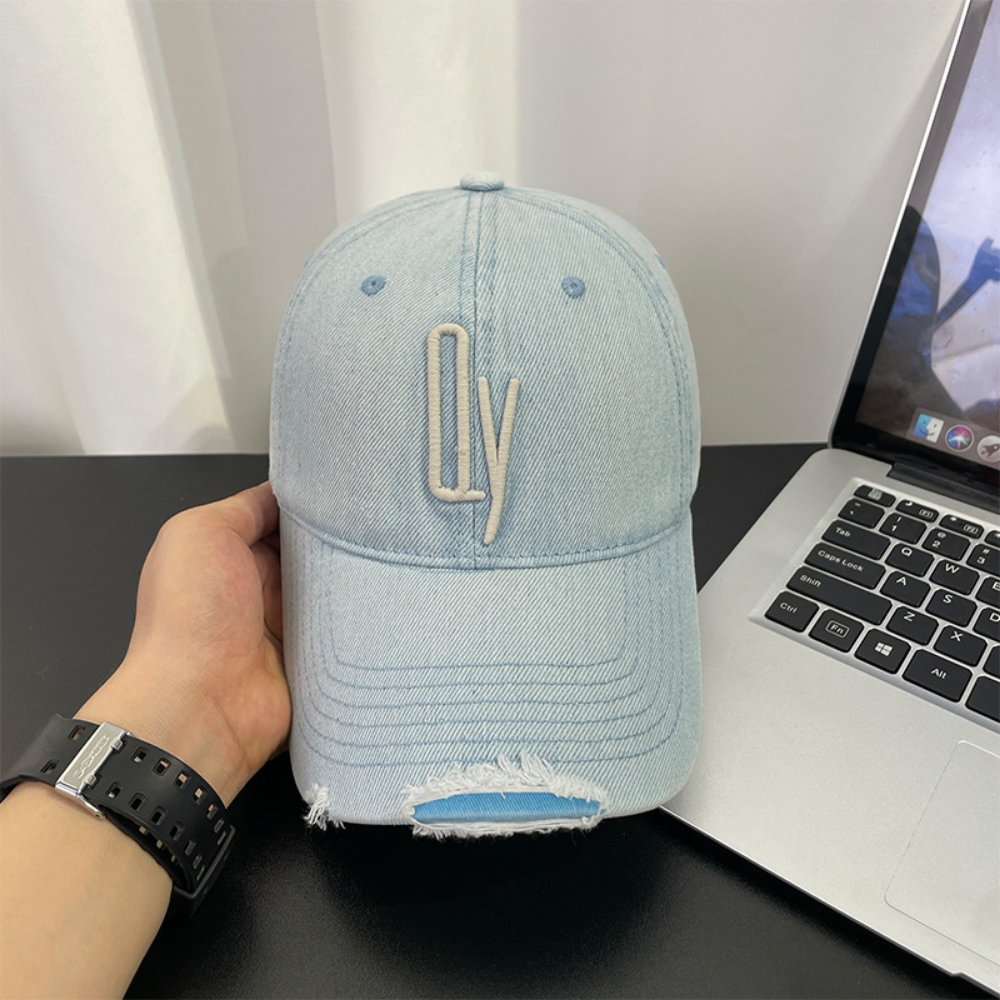 Retro Washed Distressed Denim Baseball Cap with Patch Holes
