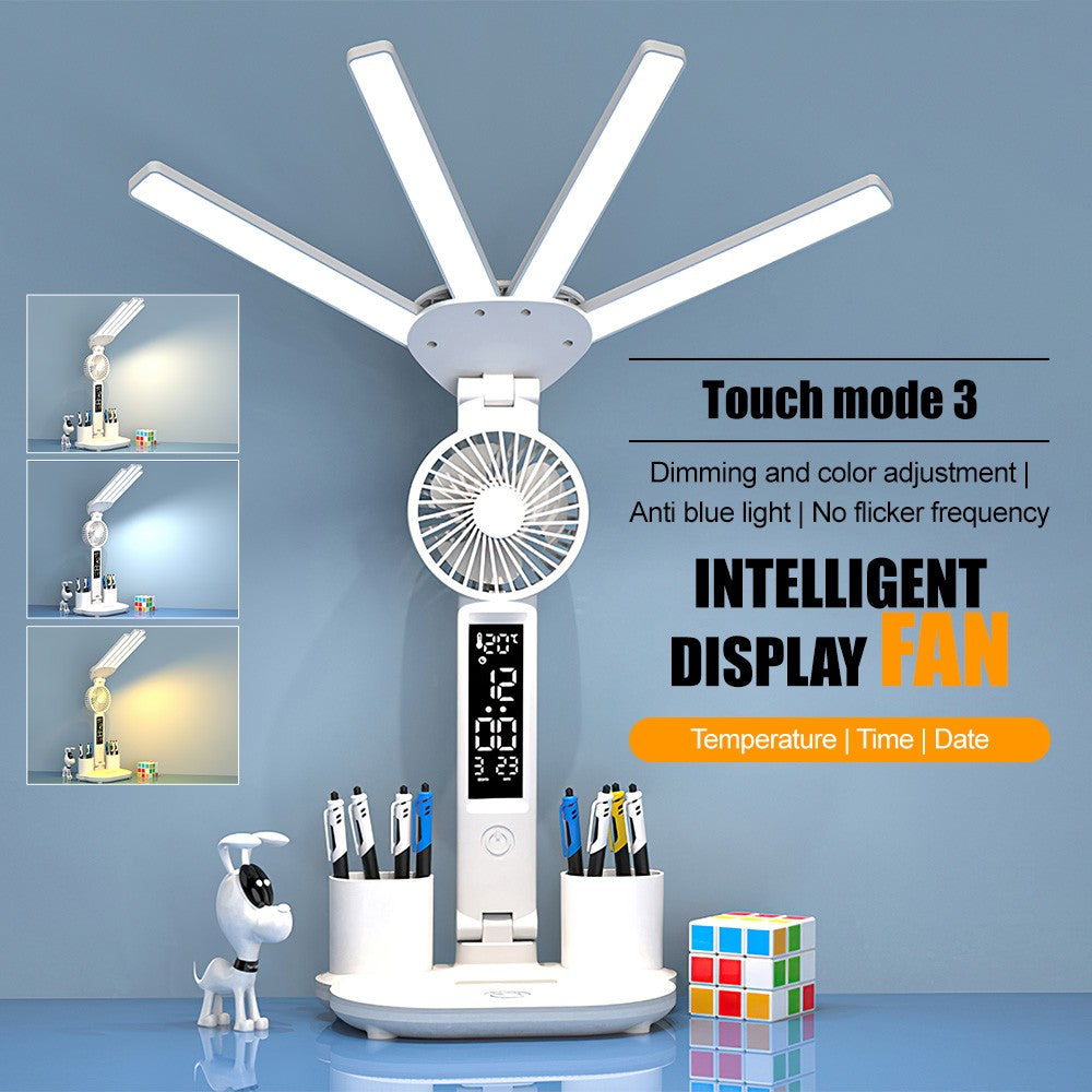 4-Head LED Desk Reading Lamp with Fan Clock - Mood Lamp