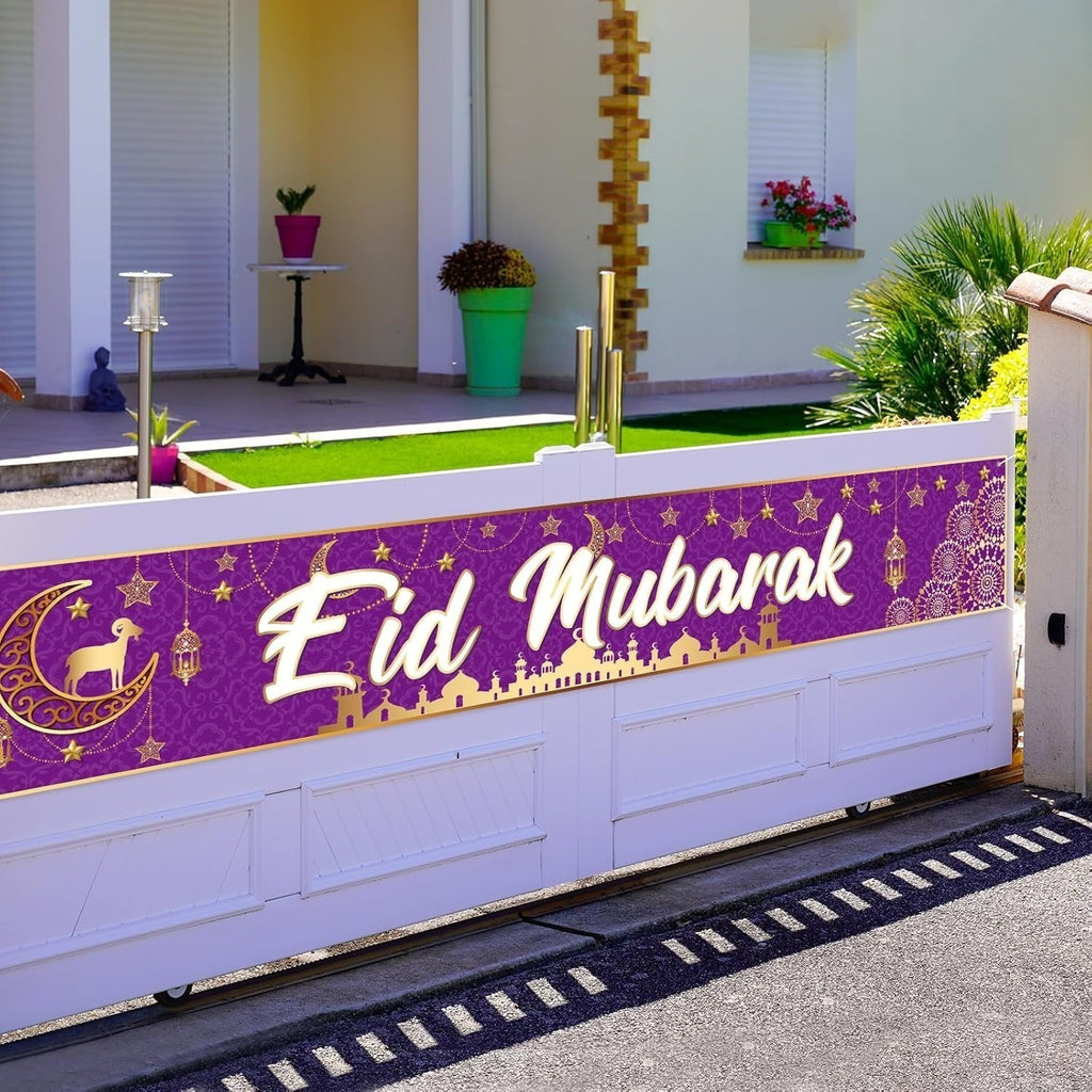 Eid Mubarak Banner in Lila mit Goldakzenten für Ramadan