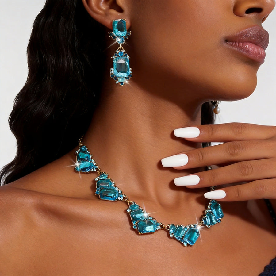 Elegant Colored CZ Necklace and Earring Jewelry Set for Women