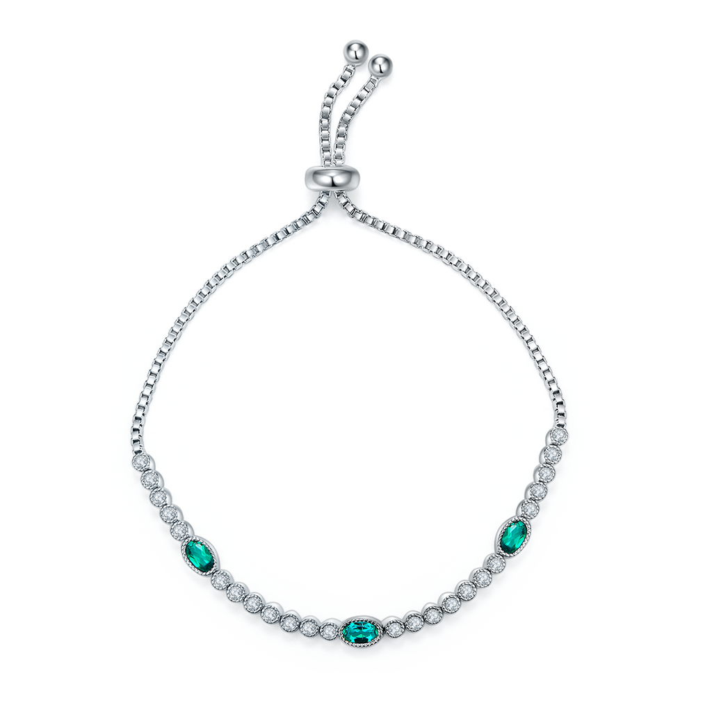 S925 Sterling Silver Adjustable Slider Bracelet with Emeralds