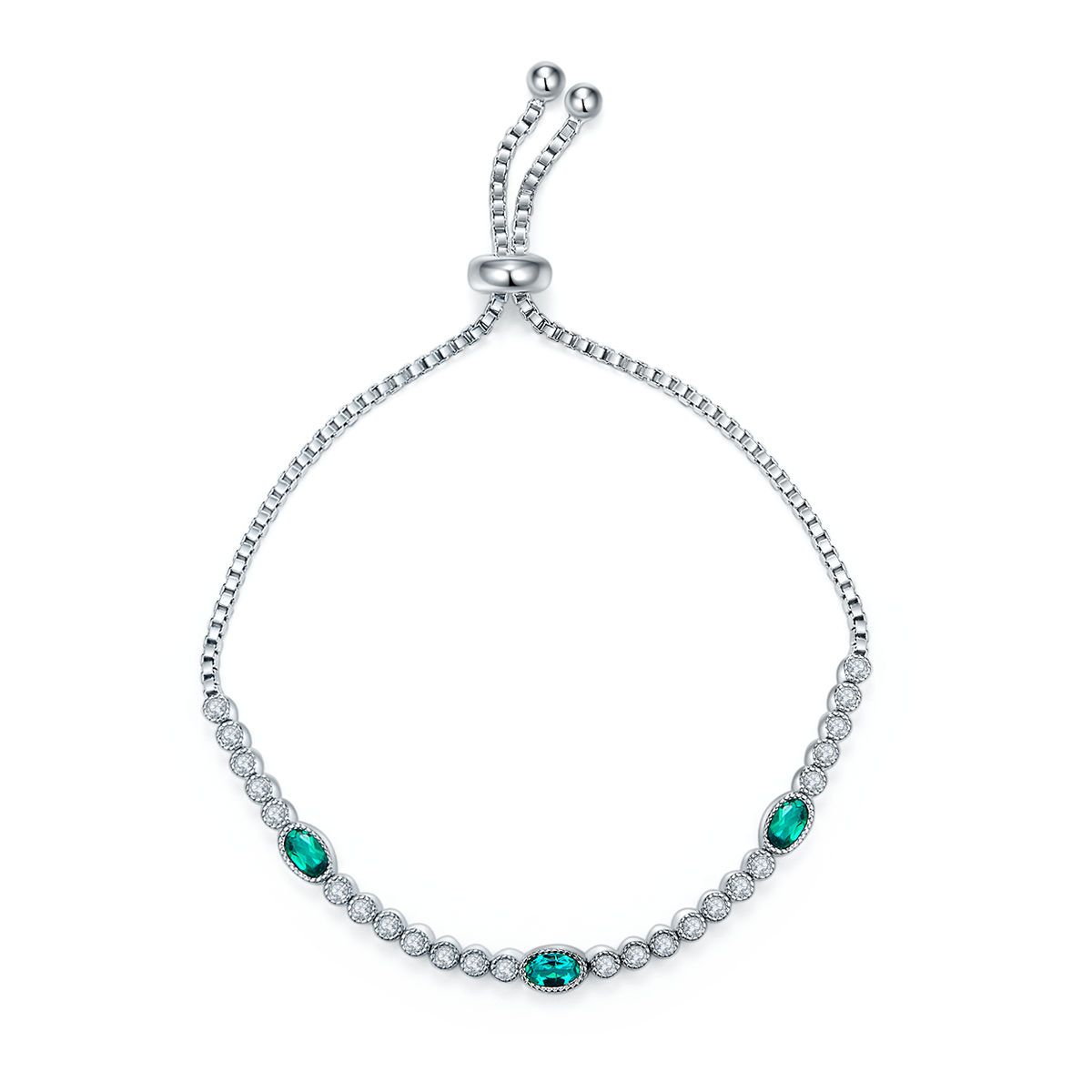 S925 Sterling Silver Adjustable Slider Bracelet with Emeralds