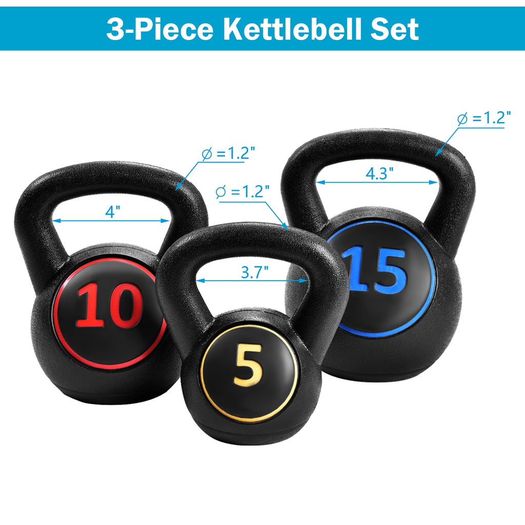 3 Pieces Kettlebell Weight Set - 5, 10, 15lbs for Home Workouts
