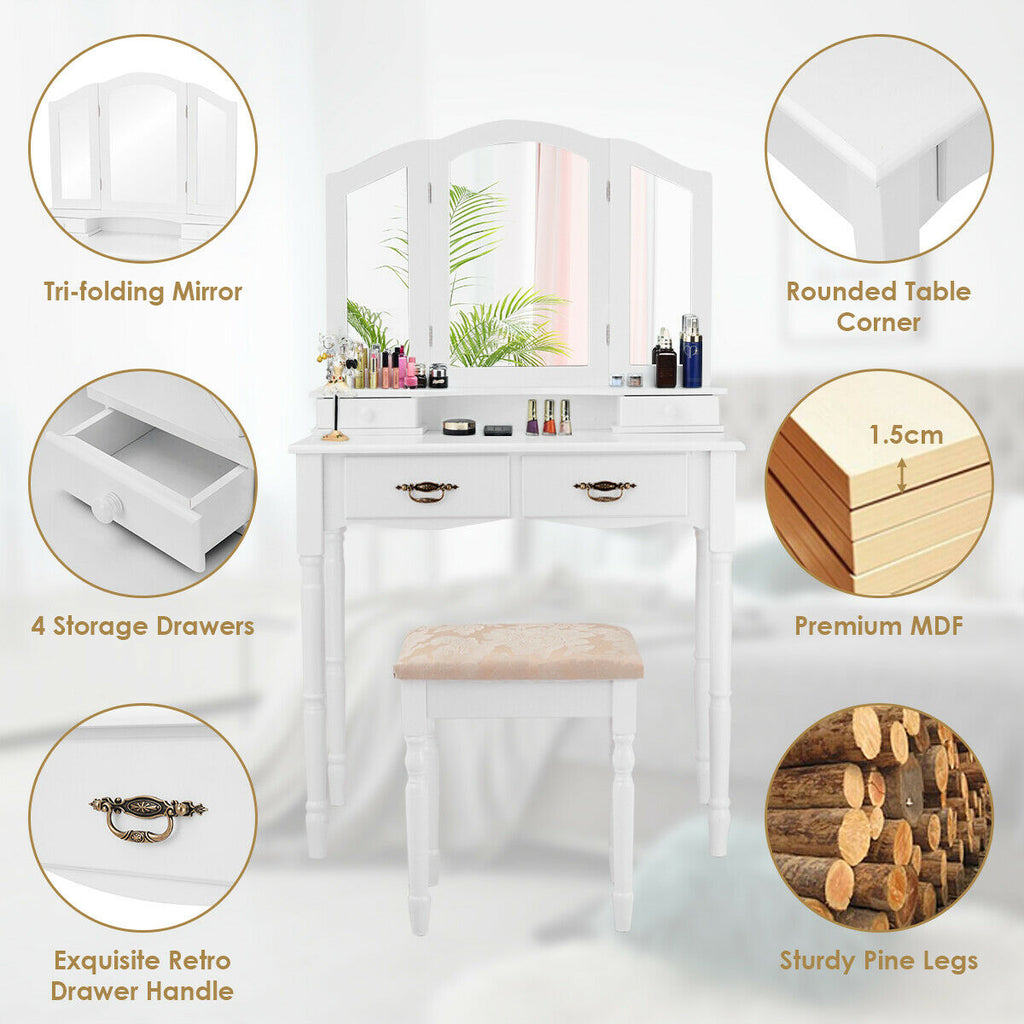 Simple Vanity Set With Tri-Folding Mirror - Hollywood Style