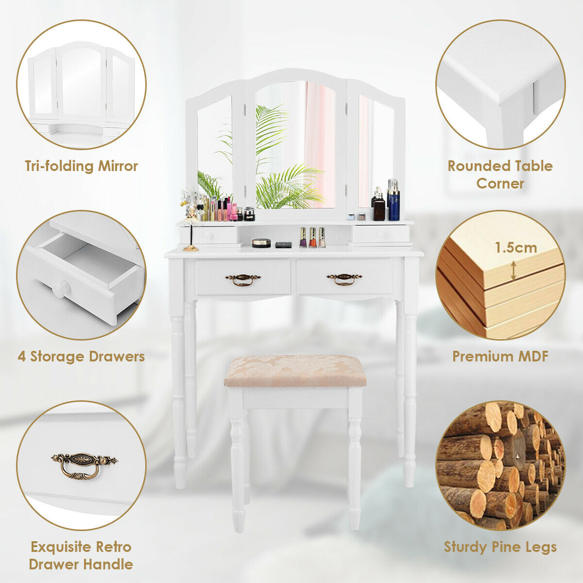 Simple Vanity Set With Tri-Folding Mirror - Hollywood Style