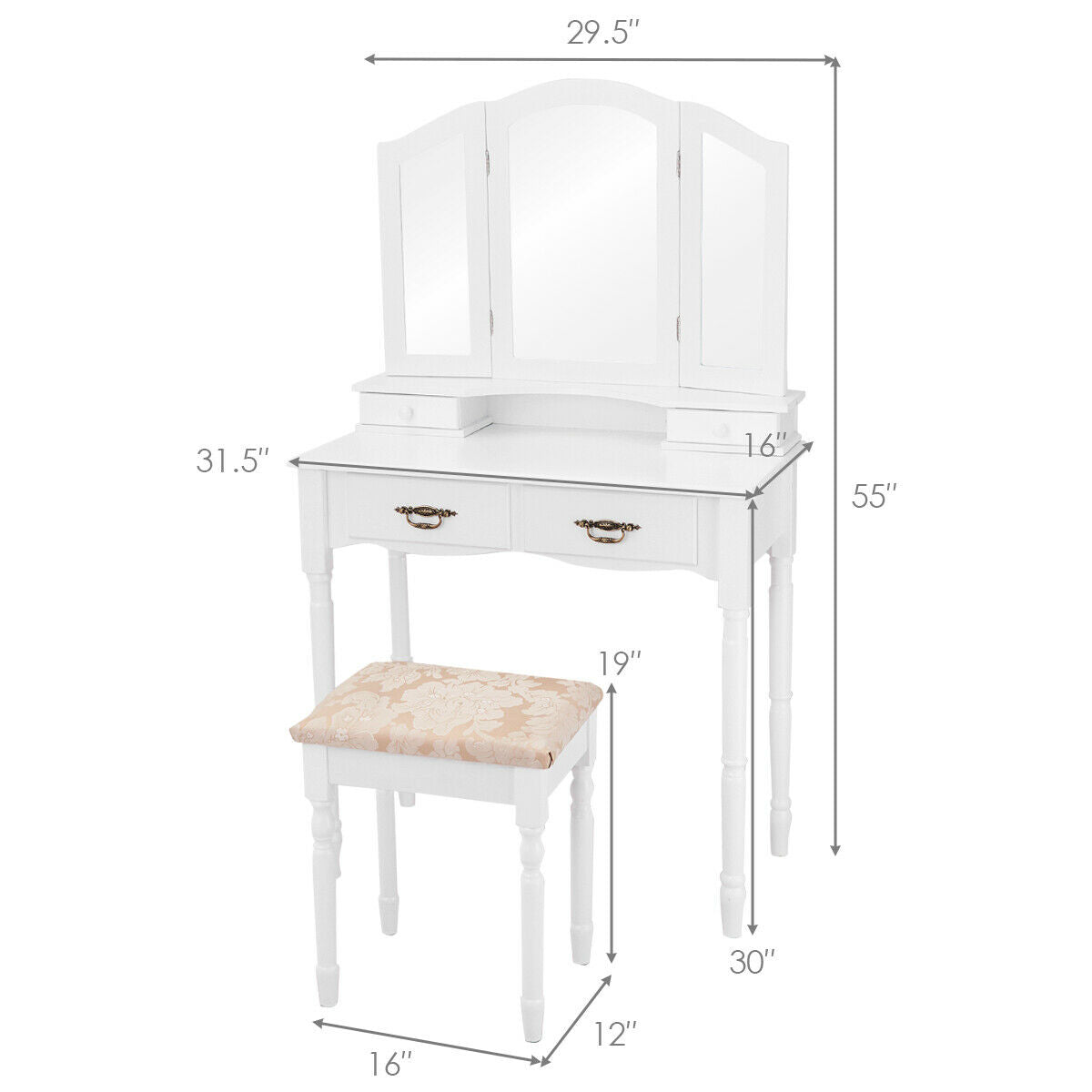 Simple Vanity Set With Tri-Folding Mirror - Hollywood Style