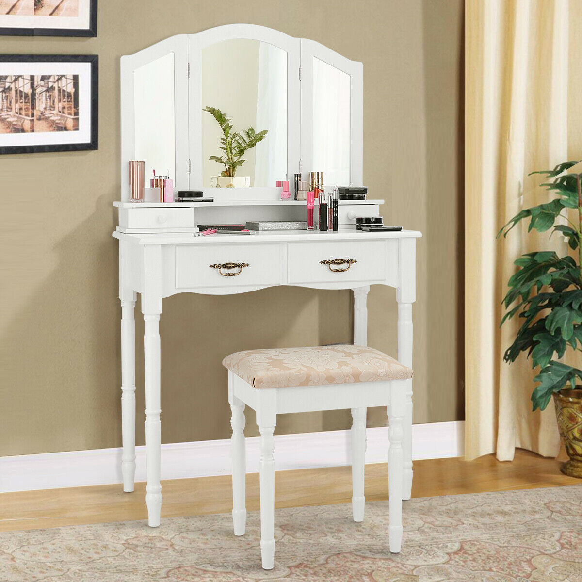 Simple Vanity Set With Tri-Folding Mirror - Hollywood Style