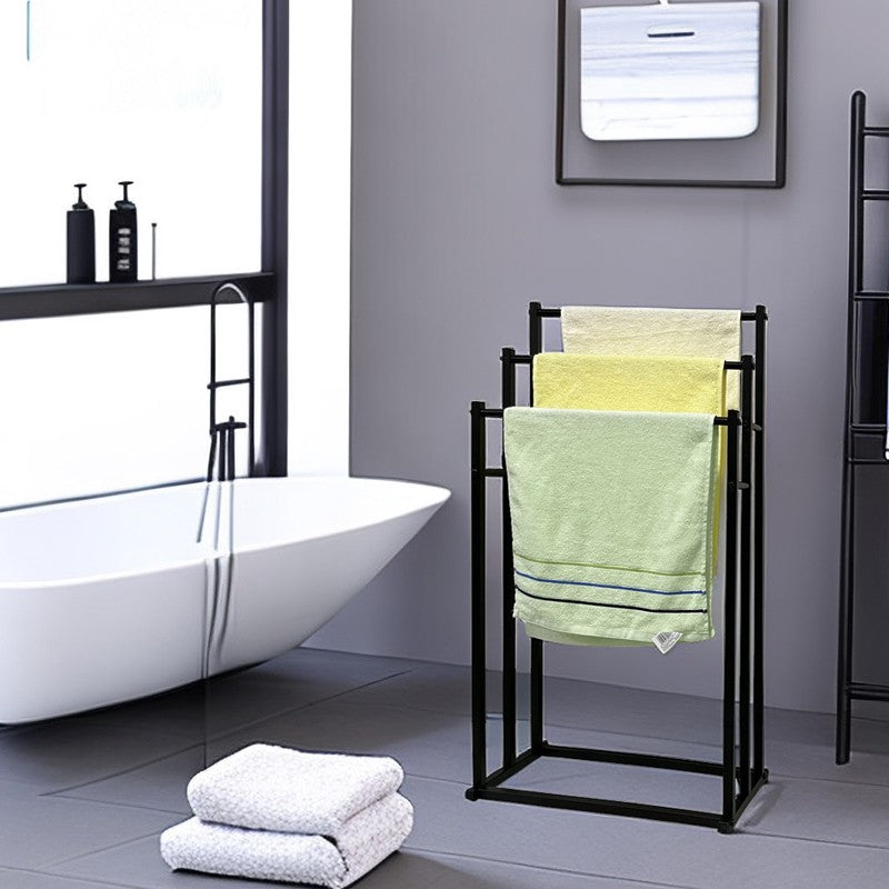 3 Tier Free Standing Towel Rail Stand Unit - Moveable Black